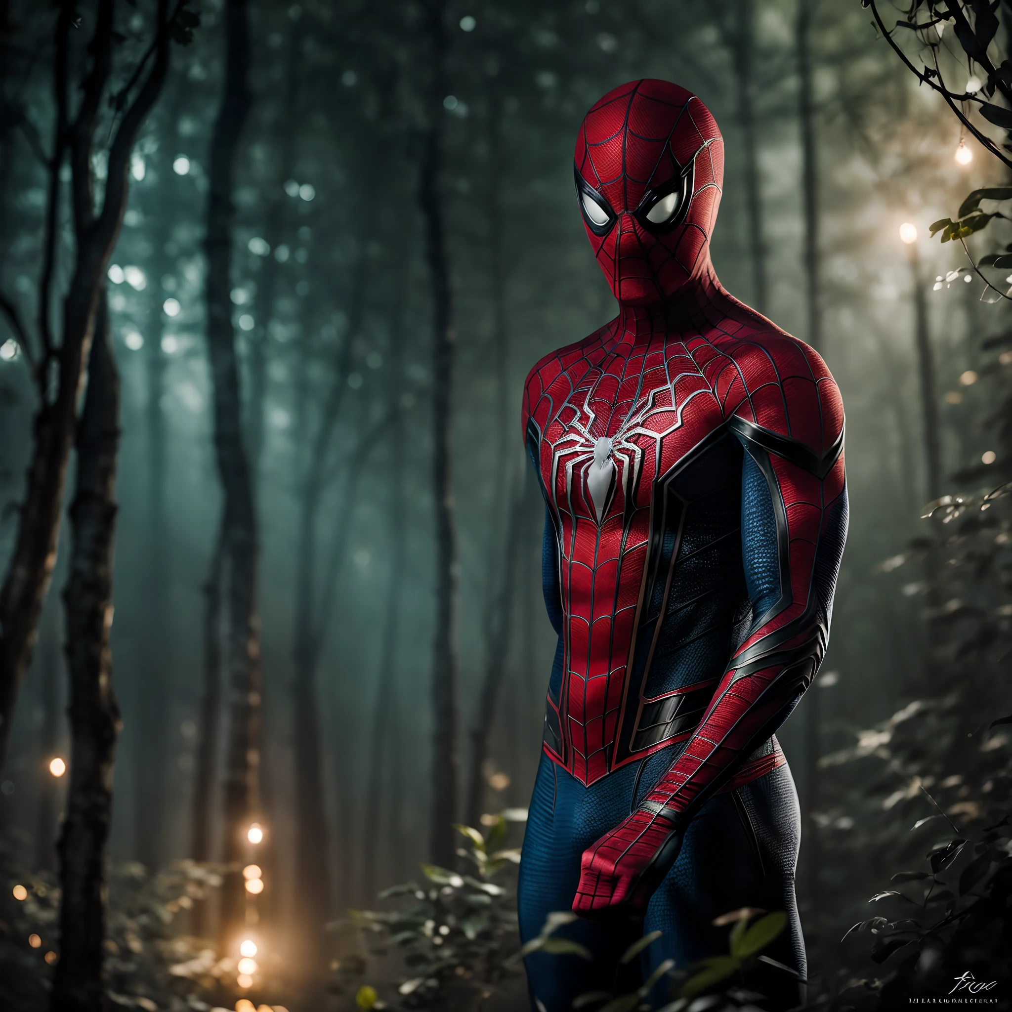 dramatic dynamic portrait of Spider-Man covered in intricate floral bioluminescent spiderweb filigree, misty fantasy forest environment, bokeh ✨