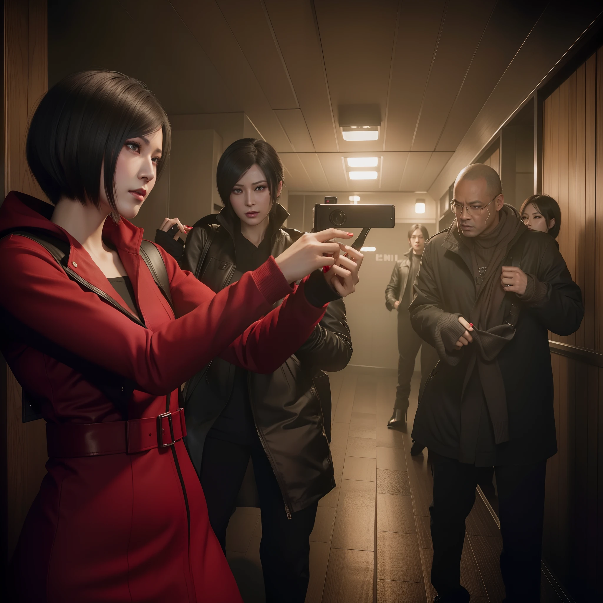 Ada wong 40 years old, beautiful face, bob hair, perfect Face, wearing mini red rose dress hoody, black nail polish, glare