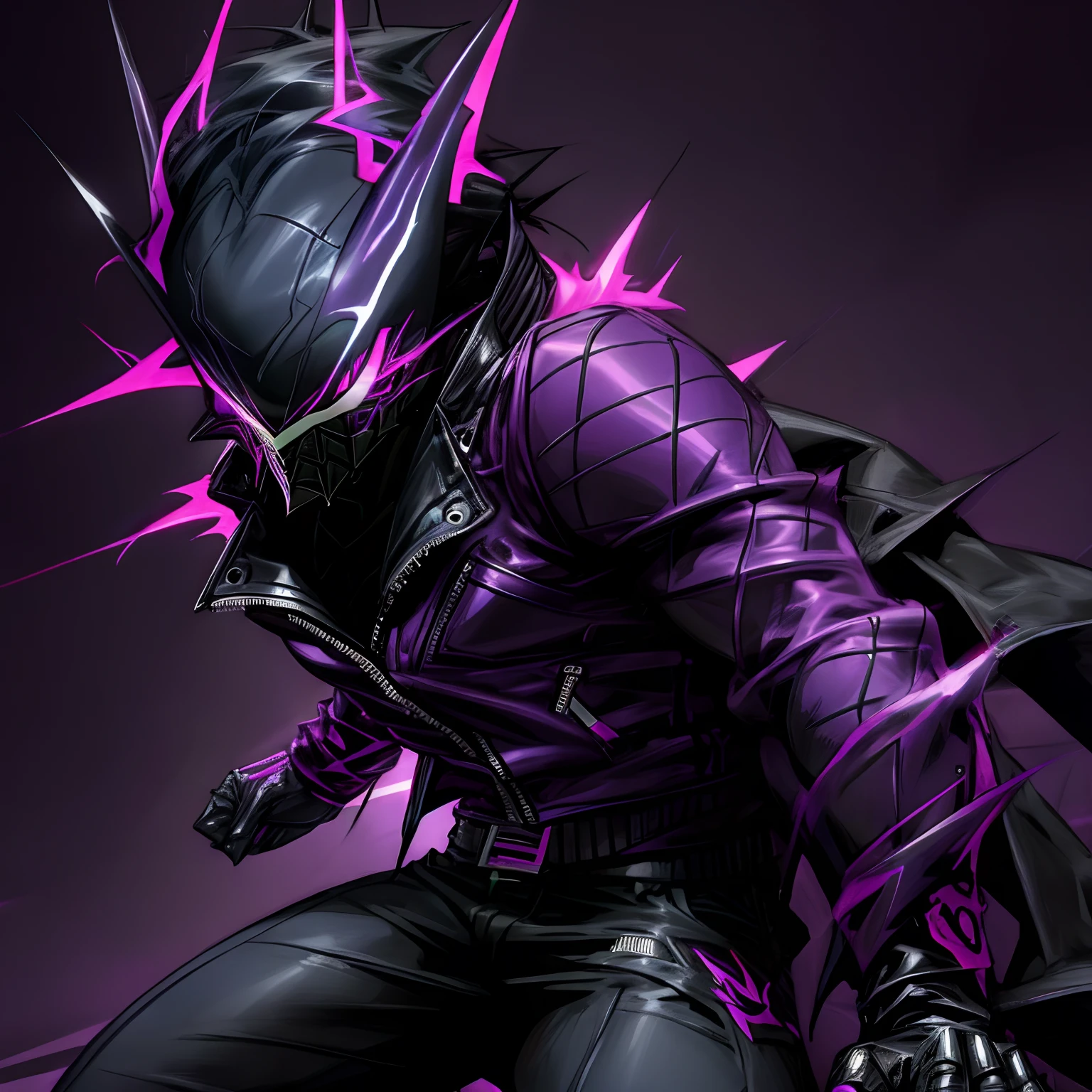Male Black and neon purple venom like symbiote with spiked leather jacket with spider theme lighting bolt shaped eyes, superhero