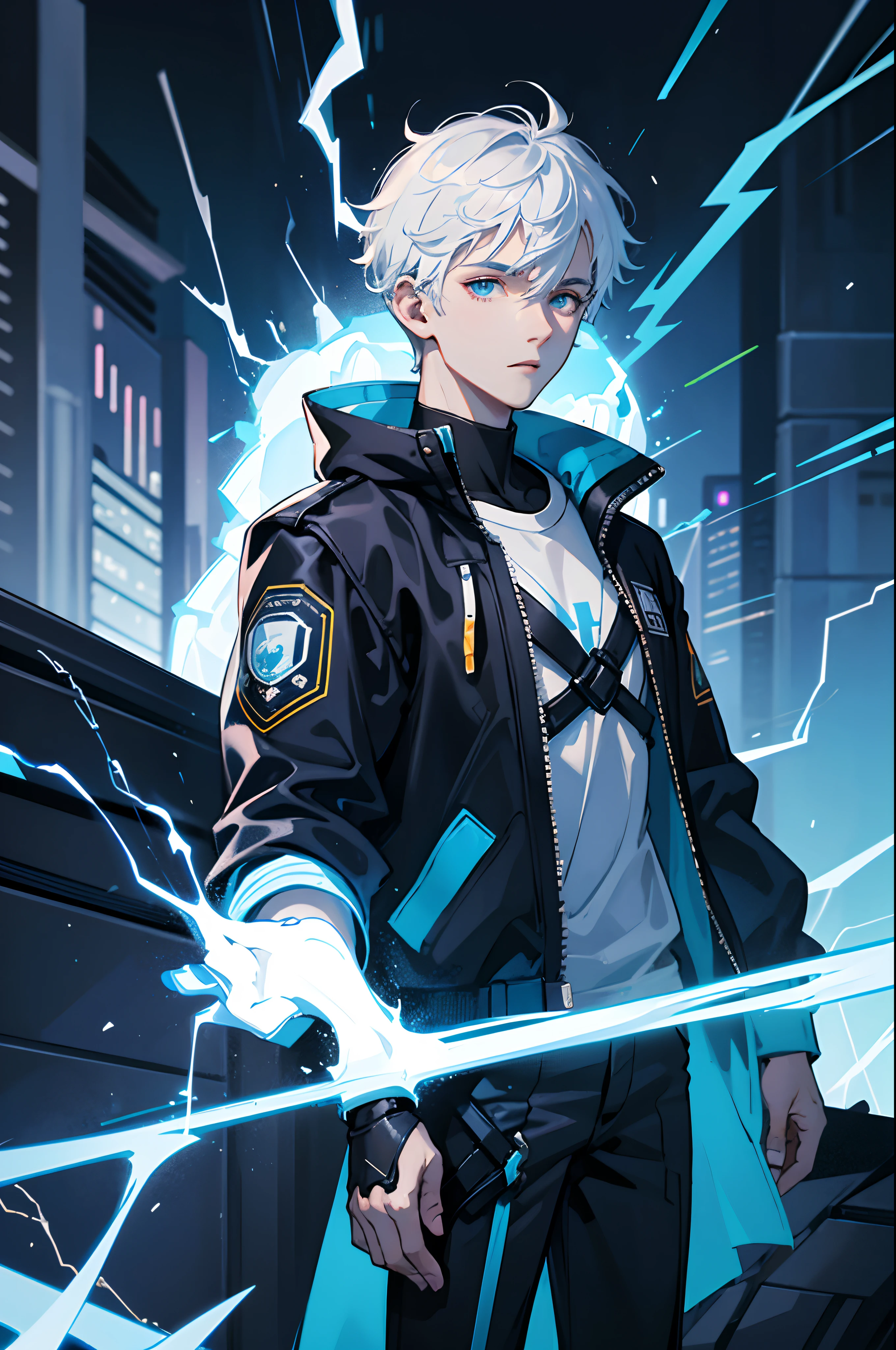 A -yeld tea boy engineer and artificer, robot boy, pale skin tone, without a beard, without a goatee, no facial hair, no body hair, white hair color, straight hair, futuristic black and blue jacket, cyberpunk black and blue jacket, with white lightning bolts on his body, surrounded by white lightning, thunder background, thunderbolts