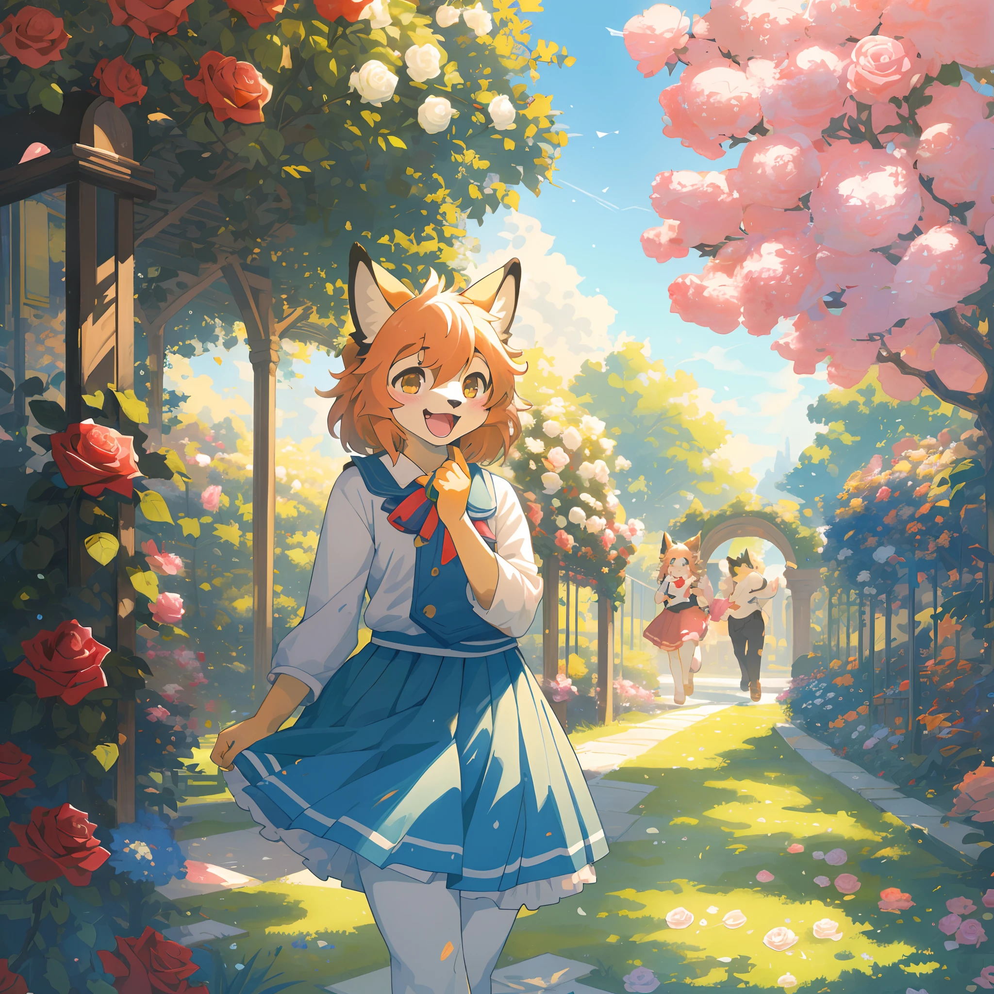 cover_page, highres, top quality, best quality, paid reward available, High-quality illustrations, unparalleled masterpiece, perfect artwork, absurdres, super high resolution, detailed background, o colorful Rose Garden, 6+boys, 6+girls, Happy, joyful(Photos of solo travelers)(kemono, furry anthro),