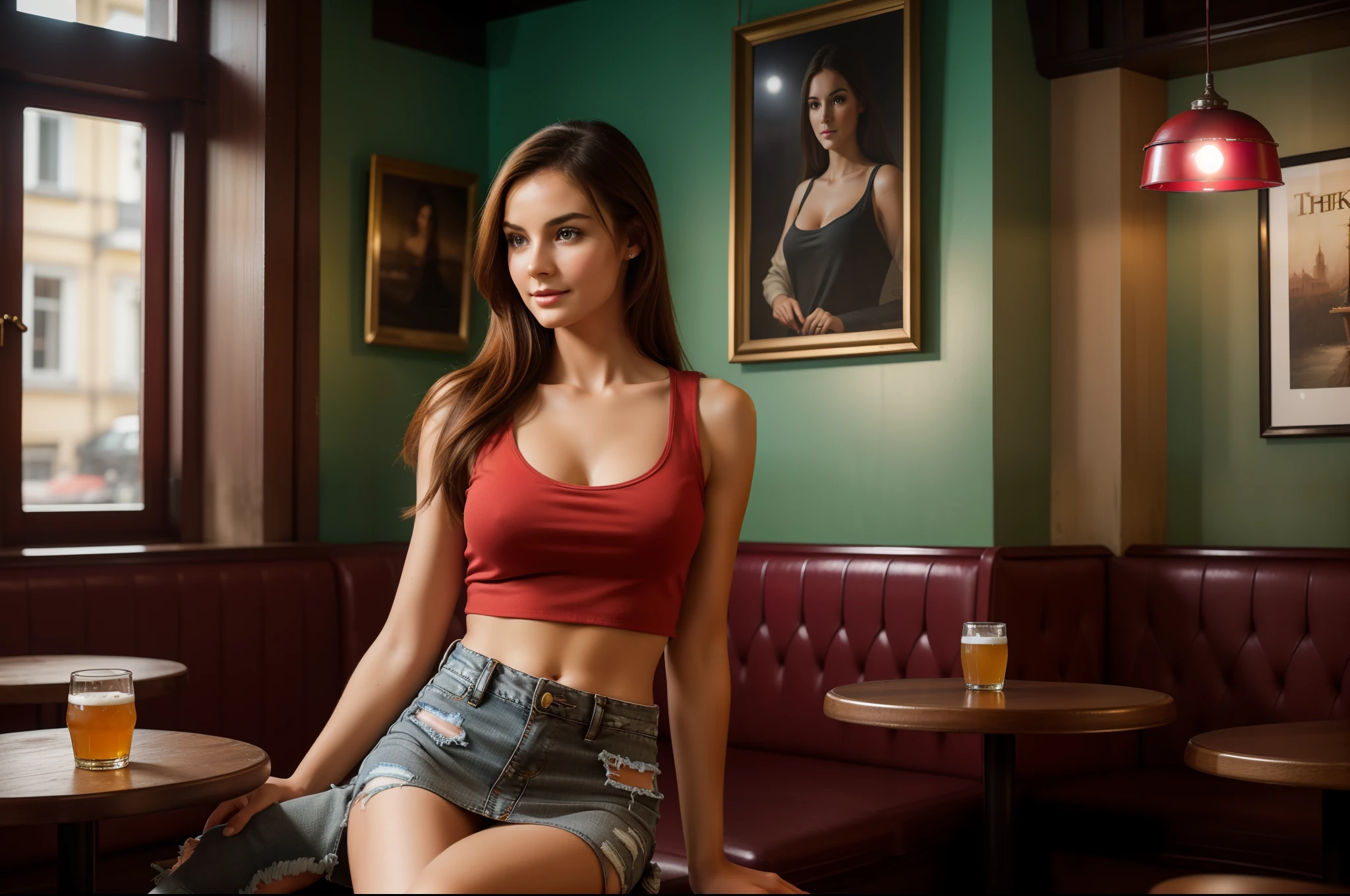 (best quality,4k,8k,highres,masterpiece:1.2),ultra-detailed,(realistic,photorealistic,photo-realistic:1.37),HDR,UHD,studio lighting,ultra-fine painting,sharp focus,physically-based rendering,extreme detail description,professional,vivid colors,bokeh,portraits,

A beautiful girl is having a photo session in a pub. She is the main focus of the image, with detailed features such as beautiful eyes and lips. [Her face is combination of (((irene1:1.2))) and (((Excella_er5:1.2)))]. The girl is sitting in a cozy corner of the pub, surrounded by vintage wooden furniture and dimly lit by warm studio lighting. Her long, black, soft and smooth hair, flowing hair partially covers her face, adding a sense of mystery to the image. She is wearing a stylish outfit (a ((red:1.4)) tank-top:1.3)),((ultra-short miniskirt:1.4)),((ripped jeans miniskirt:1.4))) that reflects her personality, with vibrant colors that pop against the background.

The pub itself has a rustic and intimate atmosphere, with old paintings and vintage decor adorning the walls. The wooden bar counter is well-polished, reflecting the warm glow of the lights. There are drinks served on the counter, creating a relaxed and elegant ambience.

The photo session is being captured by a professional photographer, who is using state-of-the-art equipment to capture every detail of the girl's expression and pose. The image quality is of the highest standard, with a resolution of 4k or 8k, showcasing the finest details of the girl's features and the pub's textures.

The overall style of the image is a combination of realistic and photorealistic elements, with a touch of artistic flair. The colors are vivid and vibrant, reflecting the girl's personality and creating a visually striking image. The lighting is carefully set up to enhance the girl's features and create a sense of depth.

(((1girl))),(((solo))),tall and slender body,(192cm tall),thin and delicate figure,graceful posture,large breasts,cleavage breasts.