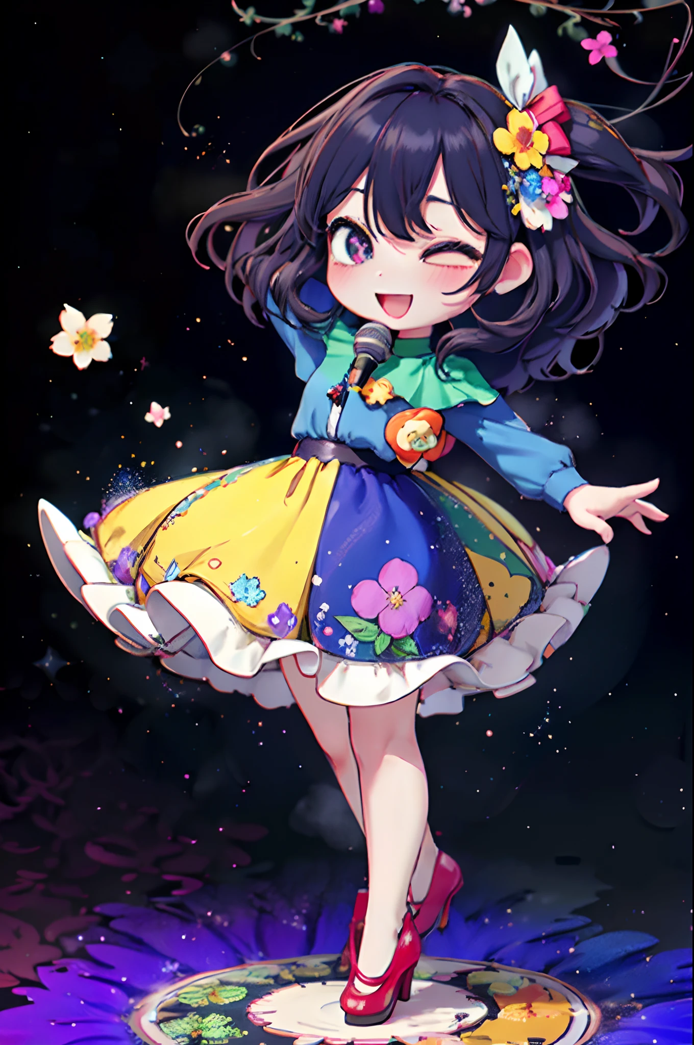 Extremely detailed,(Fractal Art:1.1),(Colorful:1.1)(Flowers:1.3)、 (Dynamic Pose), (Abstract background:1.3)、(Many colors:1.4)、Place one small doll on a circular stand、kawaii pose、A smile、A dark-haired、Chibi Doll、Stars in the eyes（kirakira）、Singing with microphone in hand、Eye Up、Laugh、Cute red shoes、Ultra Detail, radiant light、bio luminescent、Stronger bokeh effect、Taken from below