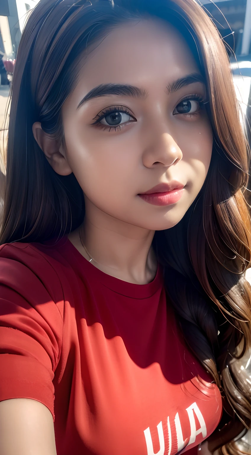 (8K, RAW photo, Best Quality, Masterpiece: 1.2),
(ultra high res, photorealistic:1.40), glorious picture, person dry and lowest lux,
Sasha, big wavy long hairstyle, (wearing bloddy-red color t-shirt),
Babyfat, No makeup, 
Natural detailed eyes:1.1, 
Natural detailed lips,  
Street, 
Seductive smile facing the camera,
Highly detailed face and skin texture,
Vivid colors, 
Sharp focus