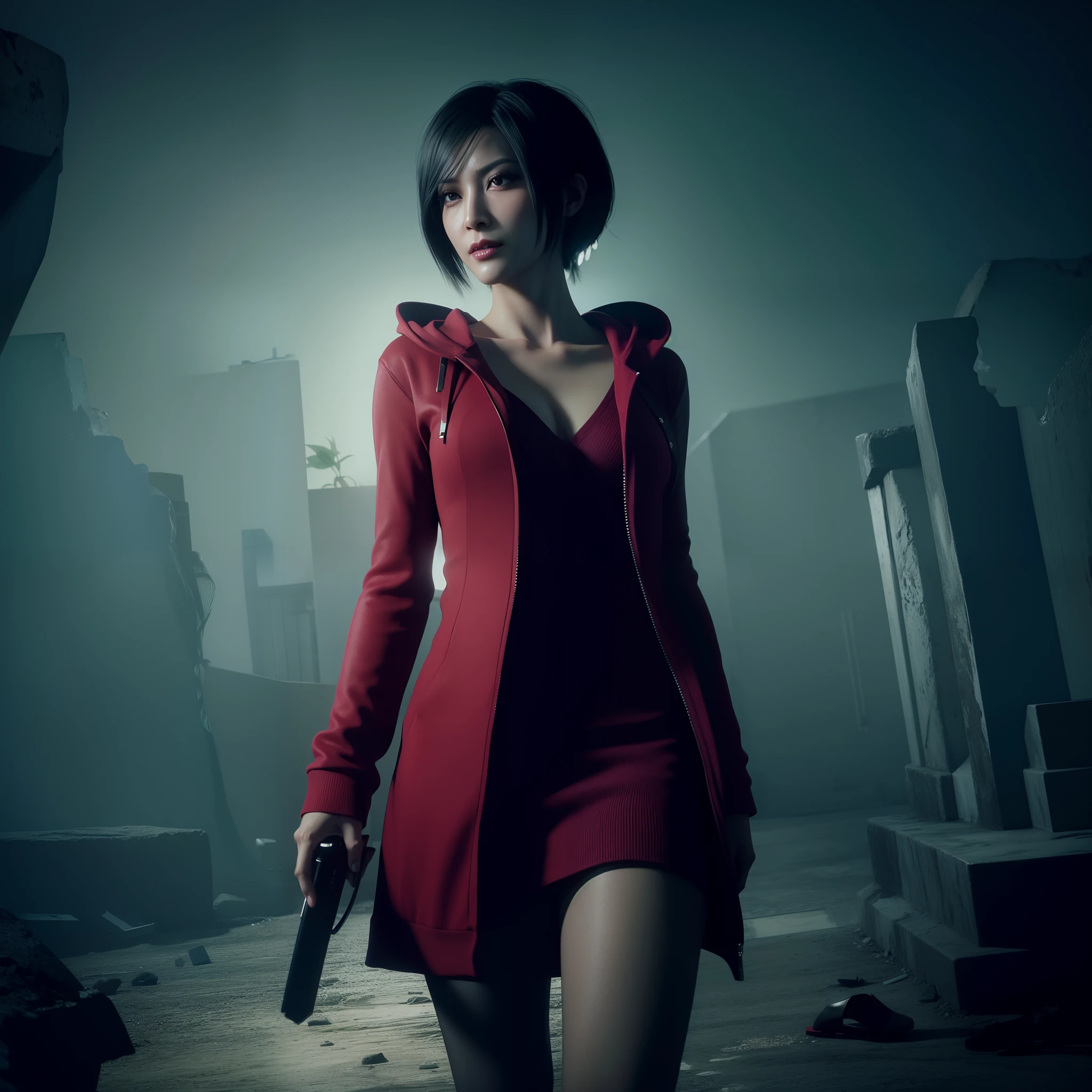 Ada wong 40 years old, beautiful face, bob hair, perfect Face, wearing mini red rose dress hoody, black nail polish, glare, red heels