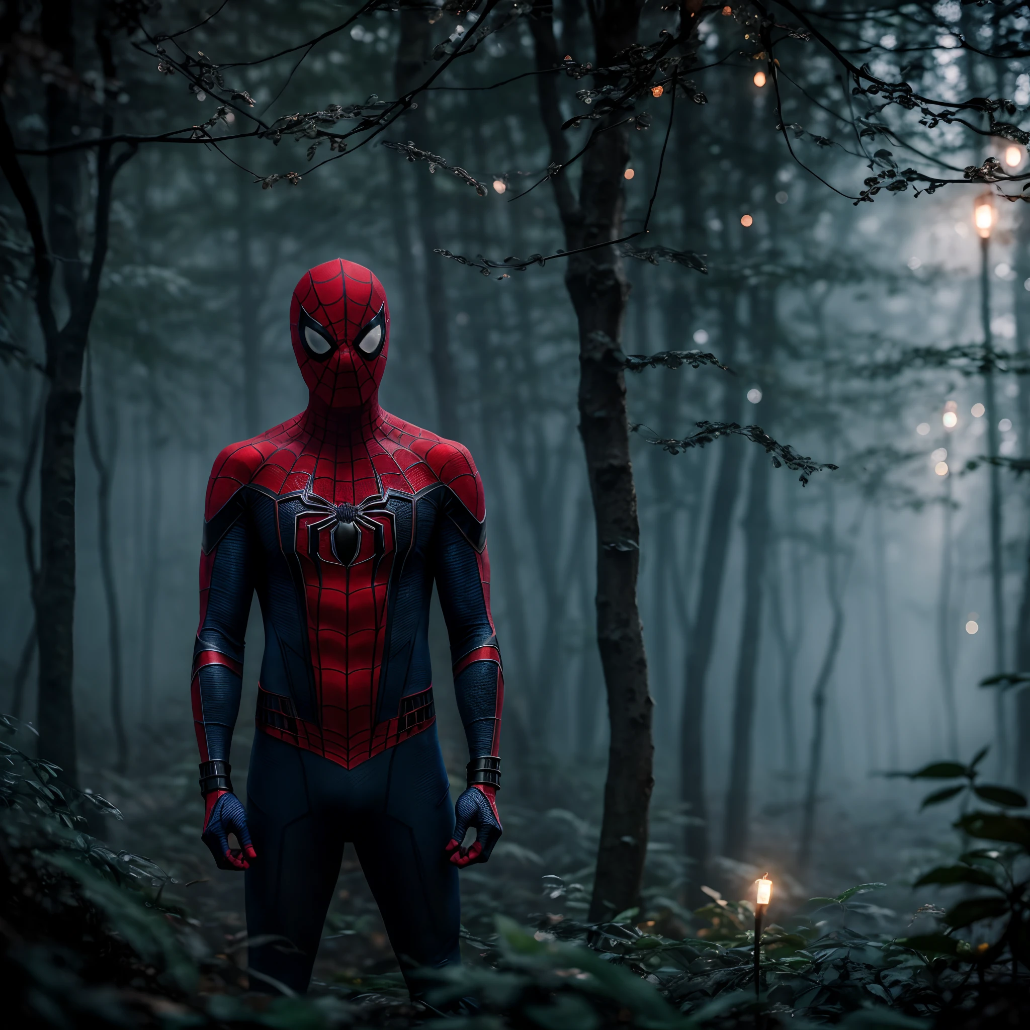 dramatic dynamic portrait of Spider-Man covered in intricate floral bioluminescent spiderweb filigree, misty fantasy forest environment, bokeh ✨