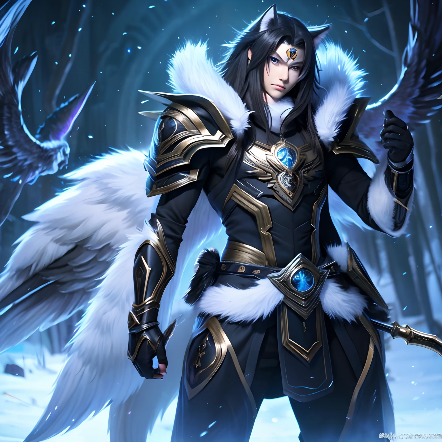 Siberian Husky、1dog、Wings of the Siberian Husky、Wings on one side only、Black Angel Wings、Black wings、Wear armor、In his right hand is a spear、Anime works、