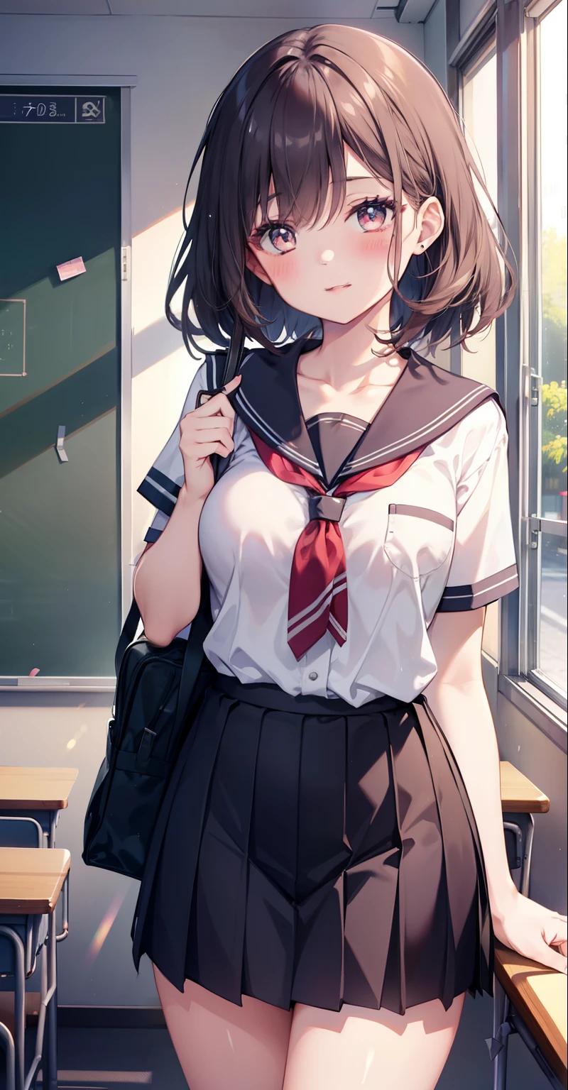 1 girl, split lips, blush, makeup, light smile, school uniform, classroom, school bag, rays of light, shine, thighs, collarbone, narrow waist, (masterpiece), wallpaper,