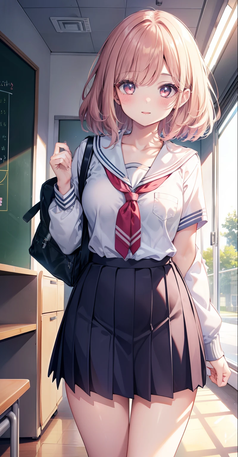 1 girl, split lips, blush, makeup, light smile, school uniform, classroom, school bag, rays of light, shine, thighs, collarbone, narrow waist, (masterpiece), wallpaper,