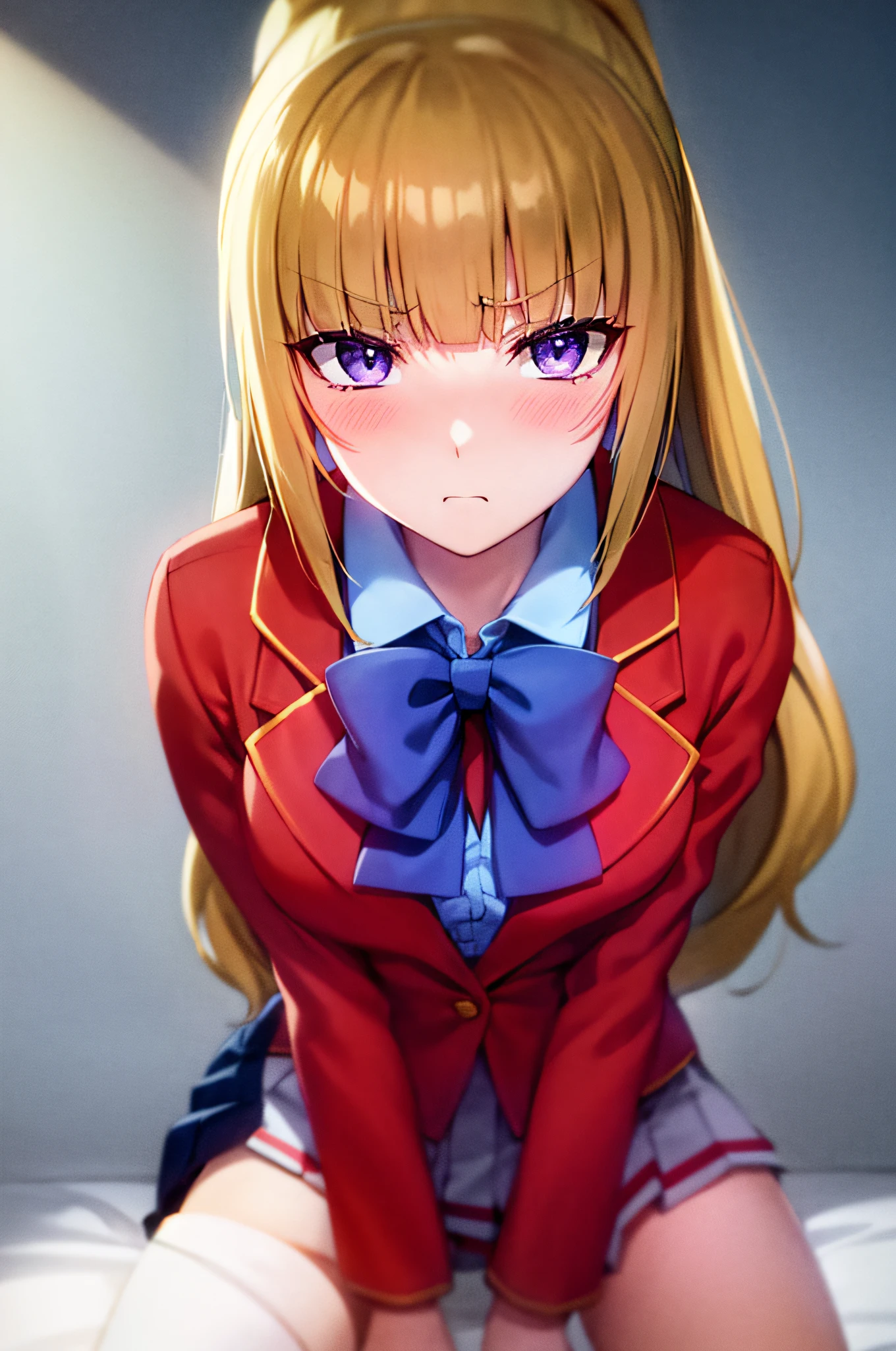 kei karuizawa, long hair, bangs, blunt bangs, (purple eyes:1.1), blonde hair, shirt, hair ornament, ponytail, scrunchie, blue scrunchie, skirt, shirt, bow, school uniform, jacket, (red jacket:1.2), pleated skirt, bowtie, sweater, (blue bow:1.2), (blue shirt:1.2), sitting on user, angry expression, blushing, sitting on user, on top of user