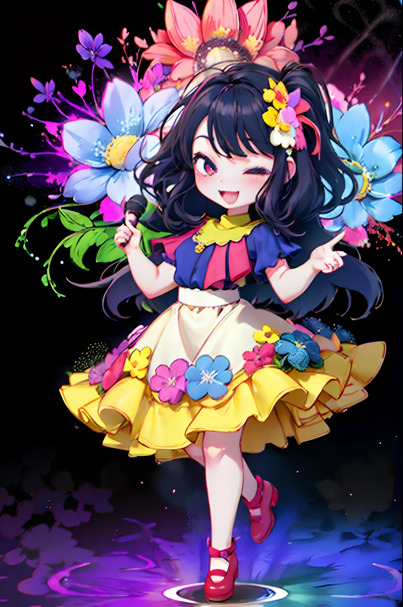 Extremely detailed,(Fractal Art:1.1),(Colorful:1.1)(Flowers:1.3)、 (Dynamic Pose), (Abstract background:1.3)、(Many colors:1.4)、Place one small doll on a circular stand、kawaii pose、A smile、A dark-haired、Chibi Doll、Stars in the eyes(kirakira)、Singing with microphone in hand、Eye Up、Laugh、Cute red shoes、Ultra Detail, radiant light、bio luminescent、Stronger bokeh effect、Taken from below