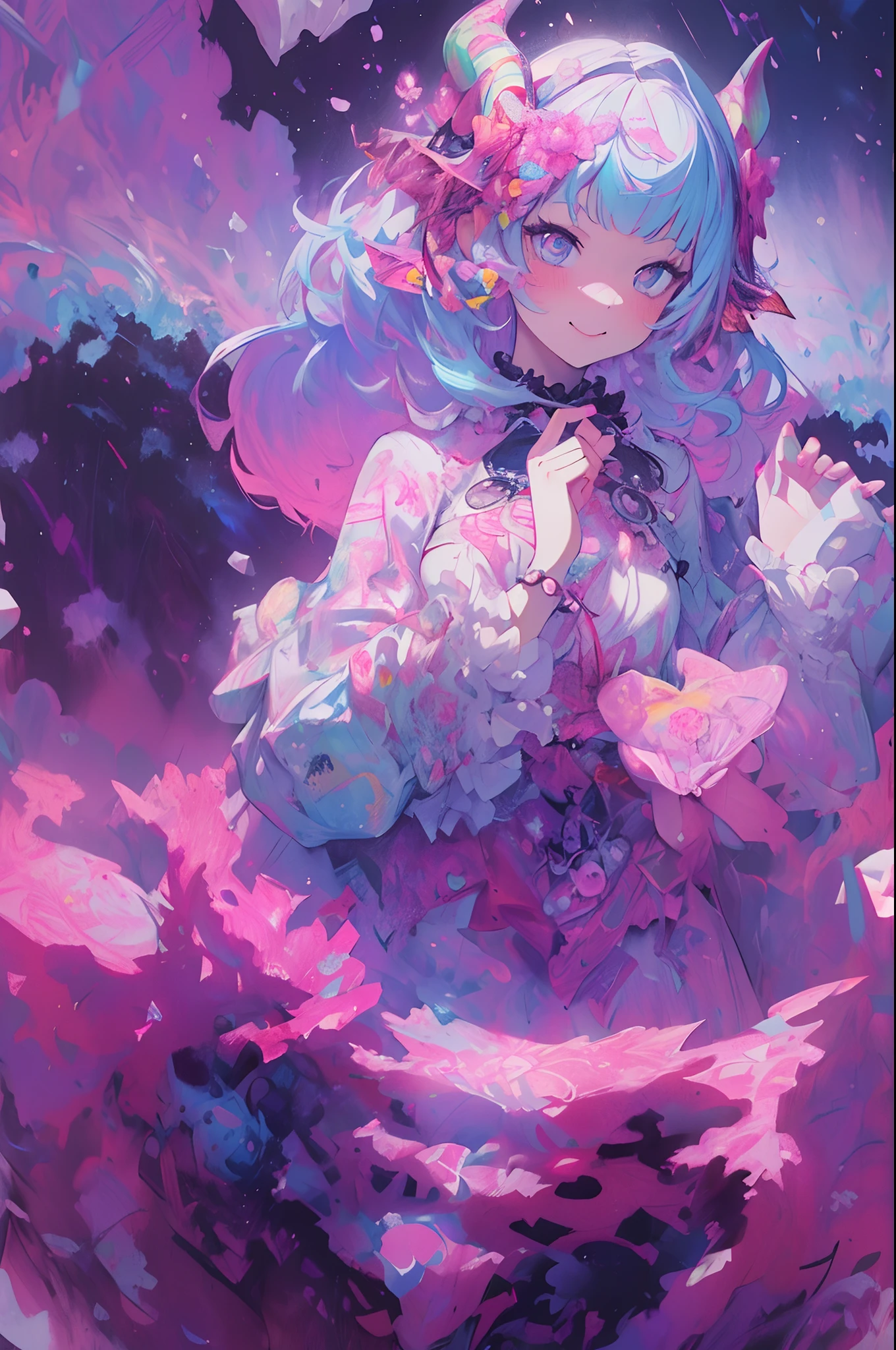 ((Flower dress),((Demon Horns)),Ghost people,innocent smiles,(1 girl, Solo:1.6),(Cute smile),(Clothes are simple), (Best Impact:1.5), (maximalism:1.7), Vivid contrast, (Realistic), hyperrealistic illustrations, hight resolution, ultra-detailliert, absurderes,(Fractal Art:1.3)、Random hairstyle、Random hair color colorful、FULL BODYSHOT、Retro、Precise focus、randome pose、cinema4d、Drama