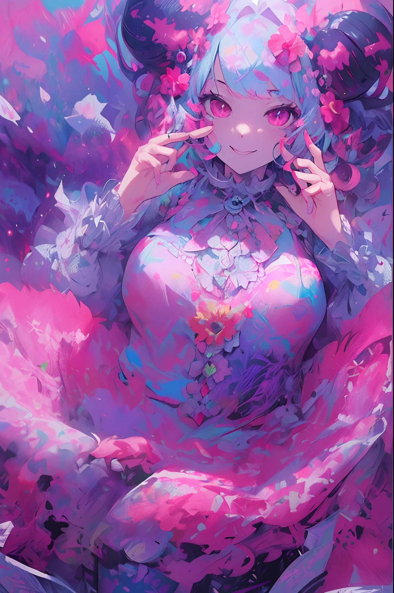 ((Flower dress),((Demon Horns)),Ghost people,innocent smiles,(1 girl, Solo:1.6),(Cute smile),(Clothes are simple), (Best Impact:1.5), (maximalism:1.7), Vivid contrast, (Realistic), hyperrealistic illustrations, hight resolution, ultra-detailliert, absurderes,(Fractal Art:1.3)、Random hairstyle、Random hair color colorful、FULL BODYSHOT、Retro、Precise focus、randome pose、cinema4d、Drama