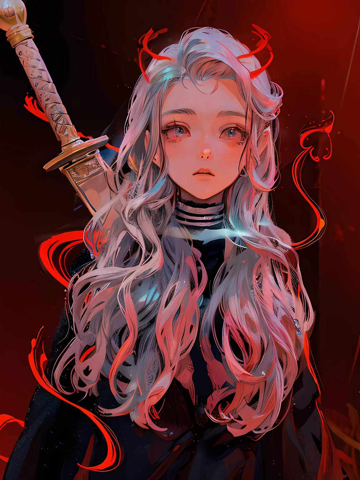Masami Teraoka, aquamarine, Paul Cool, Embry Style, Honest image, Beautiful anime character, big eyes, overdetalization, elvish, Demon, pixie, halo over head, glowing lights, pixie