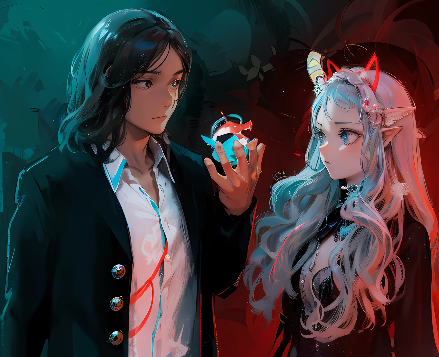 Masami Teraoka, aquamarine, Paul Cool, Embry Style, Honest image, Beautiful anime character, big eyes, overdetalization, elvish, The Angel and the Demon, pixie, halo over head, glowing lights, pixie
