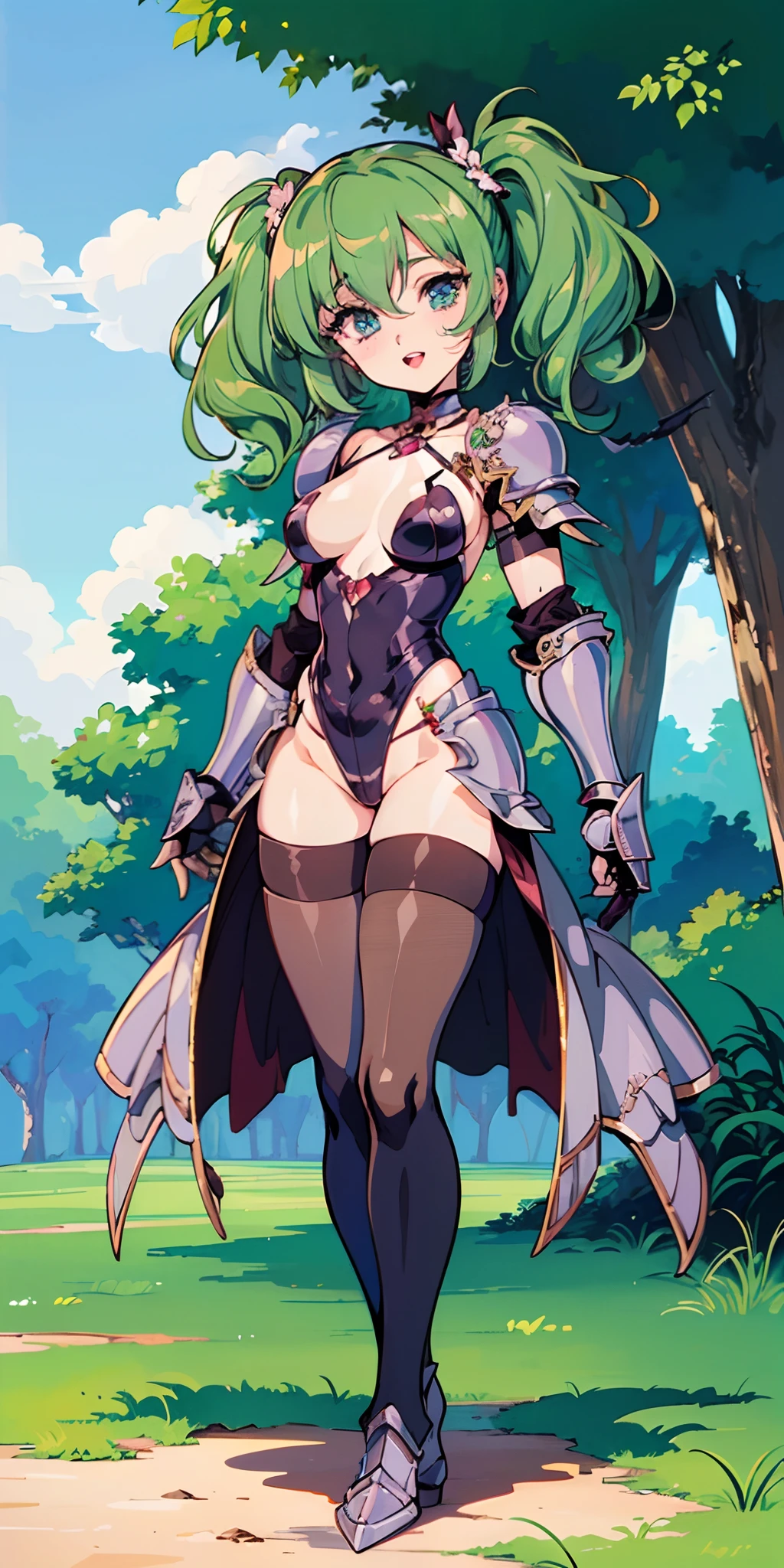"(masterpiece:1.1), best quality, 
1girl, (80s anime style:1.4), (eyelashes:1.5),(:1.4), 
(intricate high detailed body:1.2), 
green hair, 
(hair over one eye:1.1),(wavy twintails:1.1), (animal ears:1.2), 
blue eyes, (red lip stick, detailed pupils:1.1), 
(pale skin:1.3), (gigantic breasts:1.1),
happy, smile, open mouth,
(fishnet leotard armor, criss-cross halter:1.2), (pantyhose:1.1), 
(knight armor, armored boots:1.2), (flower brooch:1.1), (earrings:1.1), gauntlets, 
standing, 
(full body, looking at viewer, from front:1.1),
(daytime, grassland,  outdoors:1.1)"