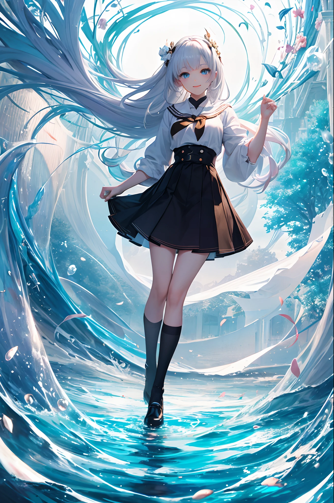 (masutepiece),(((full body Esbian))), (Best Quality), (ultra-detailliert),(disheed hair),(Illustration), (1girll), (Fashionable clothing), schoolgirls, Fashion Model, (Simple background),beautiful and delicate eyes，Delicate beauty，afloat，（high saturated），（Colorful splashes），colorful bubble，（shine），Focus on the face，white color hair，By bangs，hair rings，Floating flowers，floated hair，（shiny），The best lighting，Best Shadow，Speak with a smile