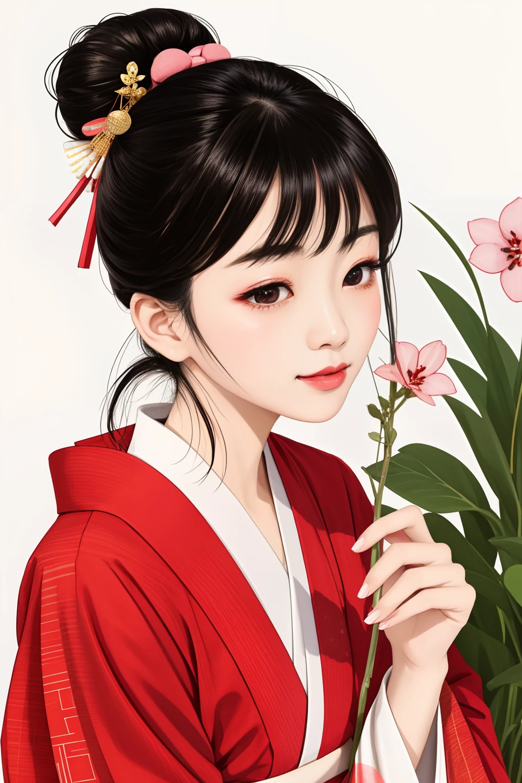 ((Big、a small face、No exposure))、top-quality、​masterpiece、（Bun hair Black hair、Ponytail hair）、Brown eyes、｟From the buttocks up is the whole body、Diagonally horizontal｠、(４In K、​masterpiece、hight resolution、Realistic and beautiful light and shadow、One girl、Solo Focus、(top-quality)、(Hi-Res)、(extremely delicate and beautiful)、(Beautiful 8k face)、(I close my eyes while smiling.)、(独奏)、(Clear skin)、(Soft hair)、(7headed body)、(Japanese style yukata kimono with red and pink checkered pattern isolated on white background、Beautiful girl in Japan wearing yukata)、((Hair in a bun))、((Tanabata decoration background))、((a small face))、(reality)、thin and small nose、（red lipsticks）、（Reddening cheeks）、（Lustrous skin）、((Ukiyo-e style))、Ultra-thin eyebrows、Ultra high image quality、（Wearing maiko-style makeup）、skin whitening、long and beautiful lashes、Lustrous skin that changes like a model in a Kyoto magazine、（Red-dyed cheeks）,Nasal muscle