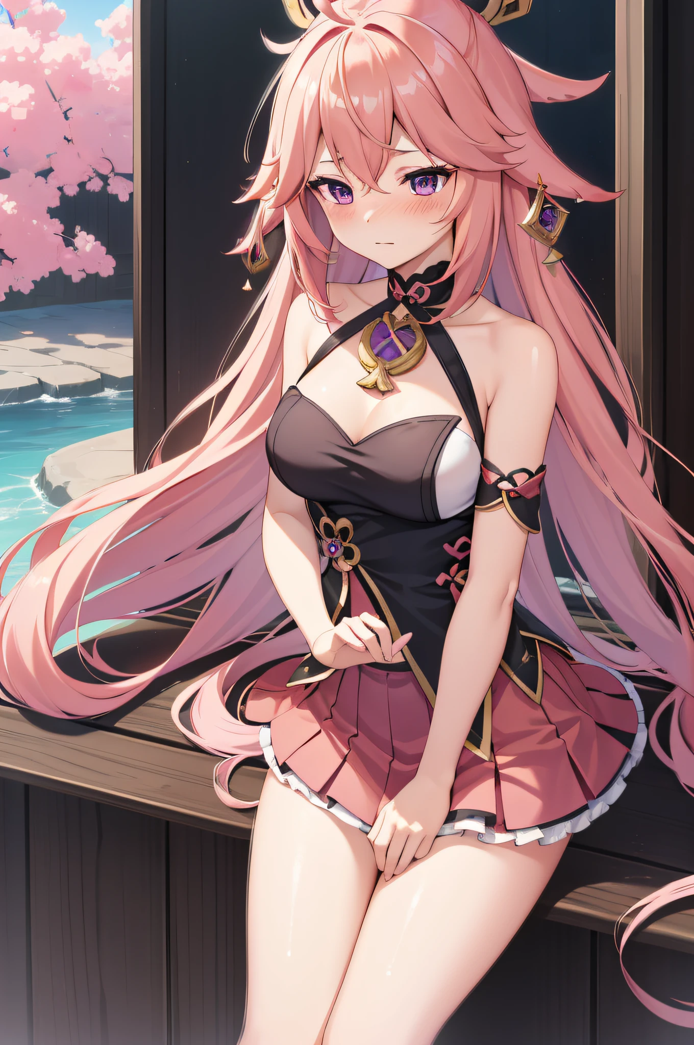 1girl, solo, long hair, hair ornament, ahoge, , wonderful breasts, small cleavage, thighs, (zhongli outfit genshin impact)(blushing:1.3), liyue style yae miko (genshin impact), shiny pink hair, purple eyes, (zhongli outfit)