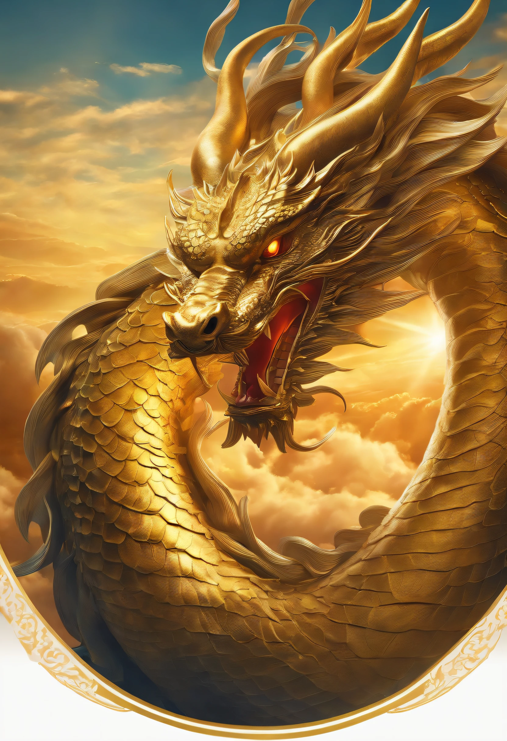 1body、Chinese style dragon、Golden Dragon God illustration。Long as a snake、Heading Up、Thang Long、Clear sky、In the sea of clouds、spiritual、Spirit、Chakra、Fantasy