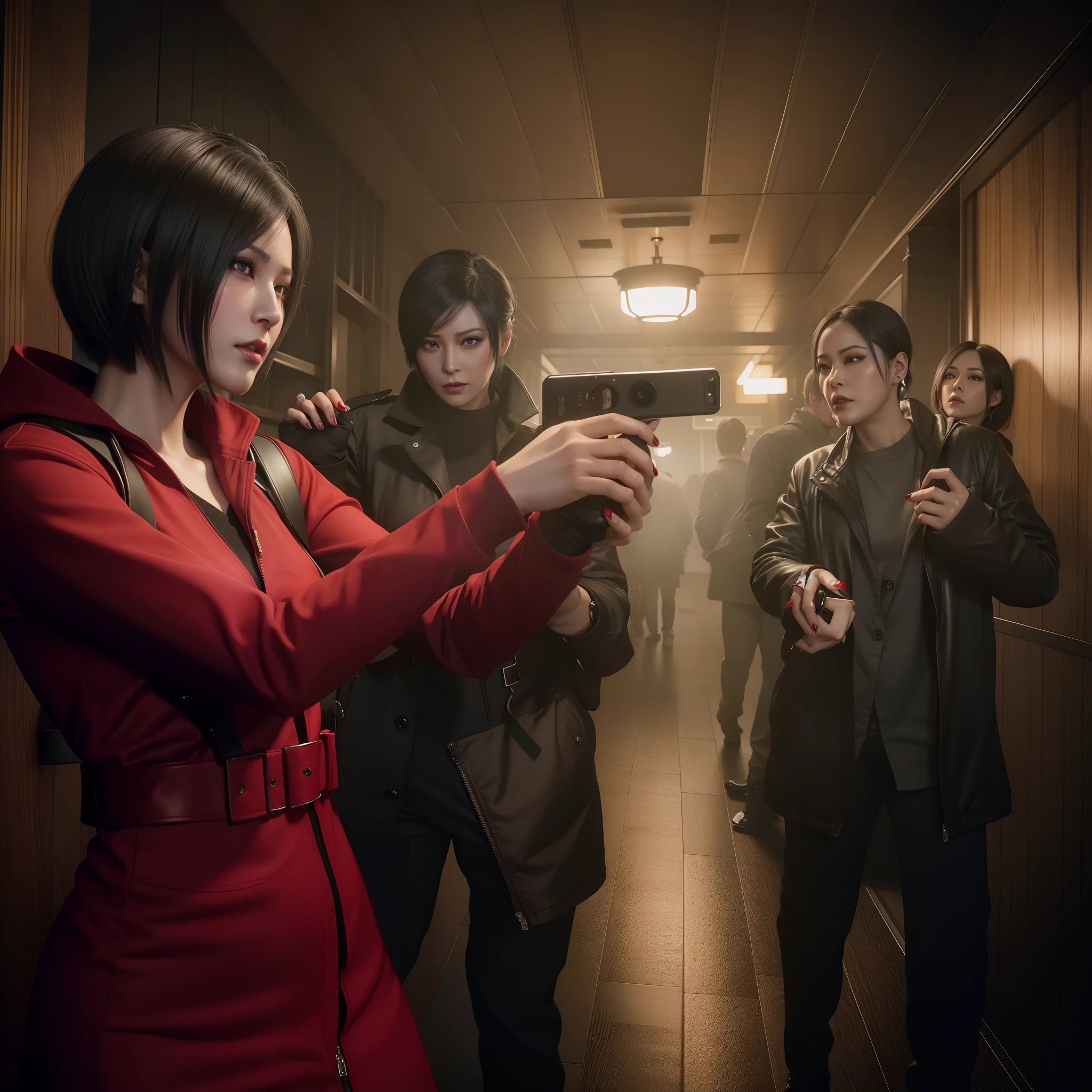 Ada wong 40 years old, beautiful face, bob hair, perfect Face, wearing mini red rose dress hoody, black nail polish, glare