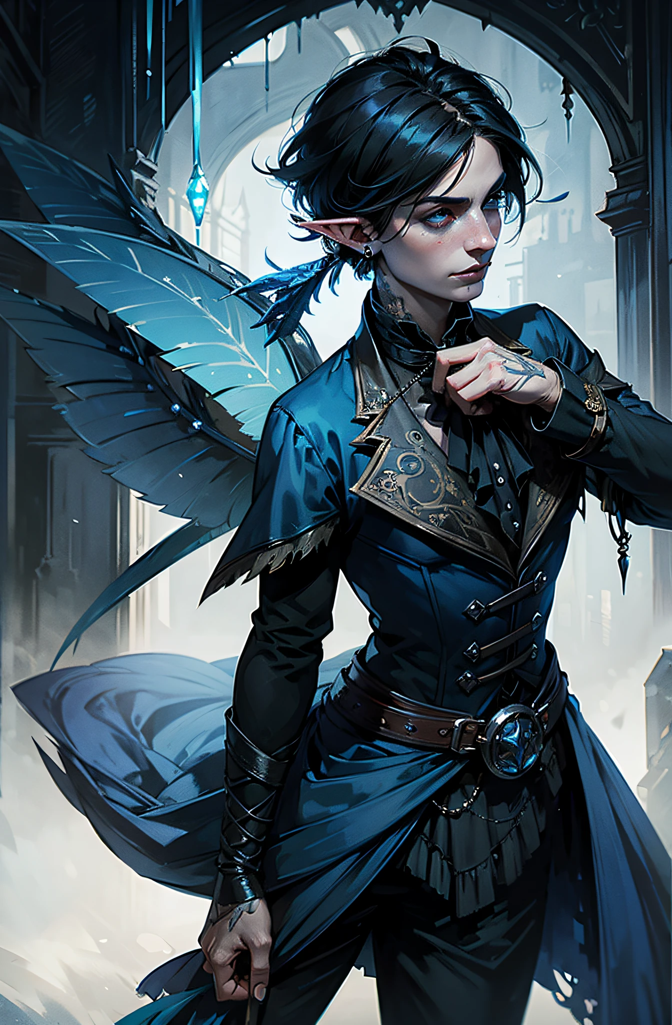 fantasy, Male mage with black short hair, Elves, fairy, pixie, blue wings with feather on back, look like Kaz Brekker, freckles, sharp face, little smirk, ager, earrings, Black and blue costume, victorian bloodborne dark clothes, goth style, decorative cane in the hands, Western fantasy style, fantasy steampunk background