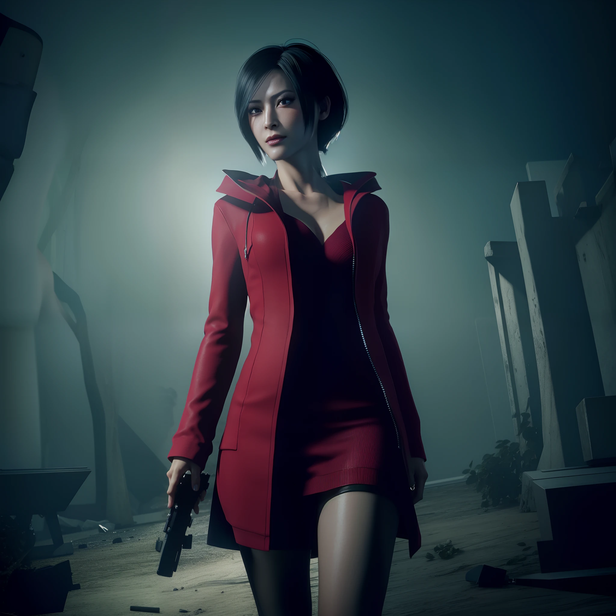 Ada wong, beautiful face, bob hair, perfect Face, wearing mini red rose dress hoody, black nail polish, glare expression, holding a gun