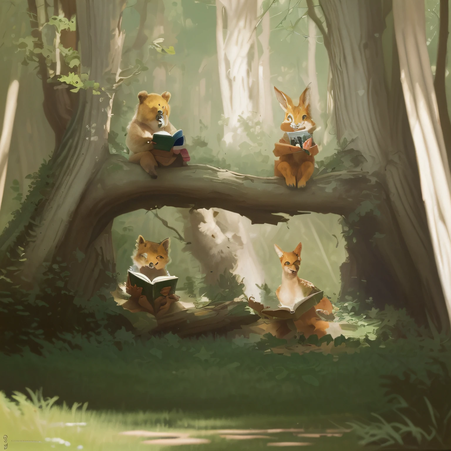 Animals reading in a clearing, A lot of animals, james gurney painting style