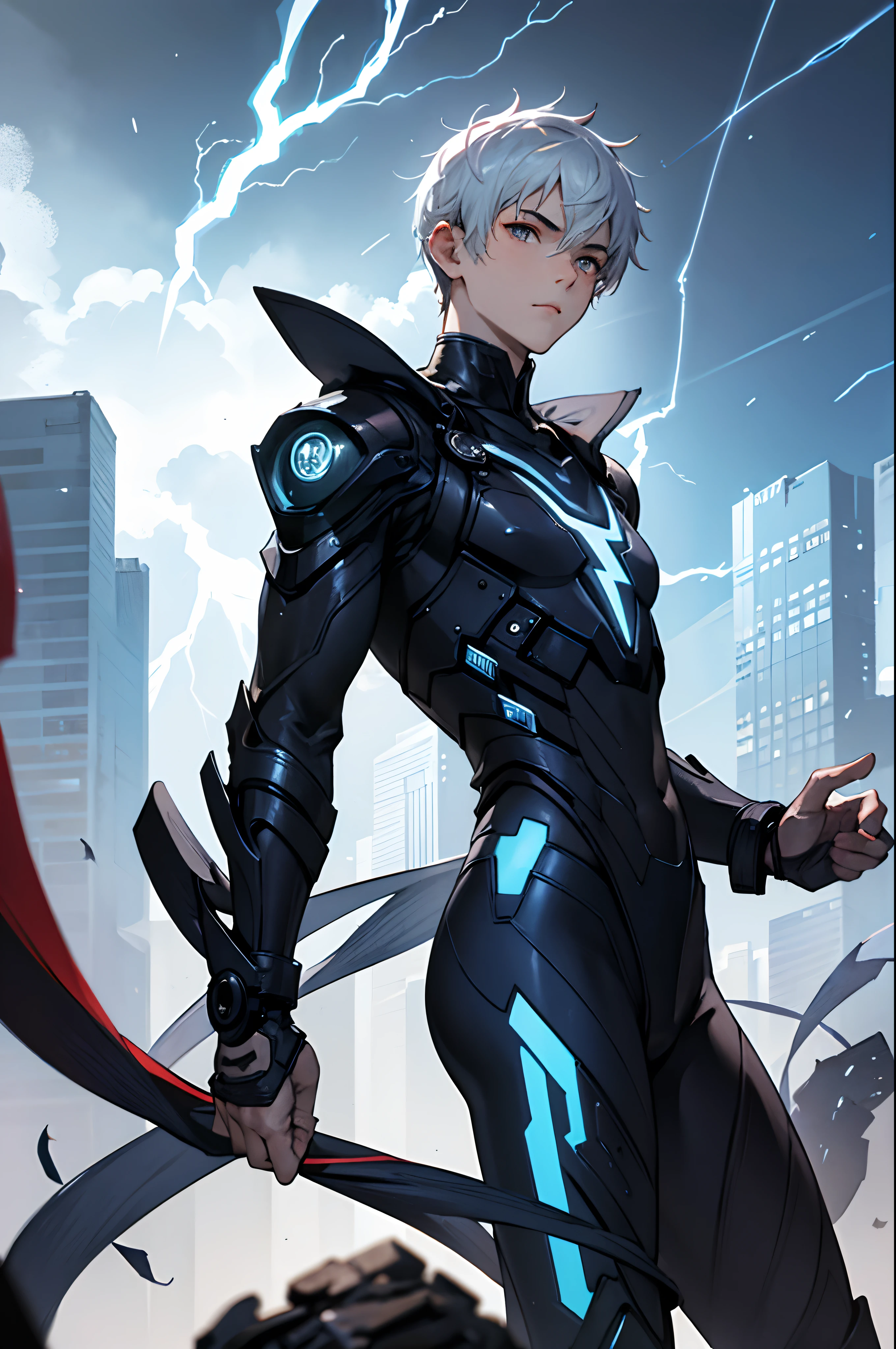 A 15-year-old teenage boy with an albino skin tone. He is an engineer and artificer, without facial or body hair. His hair is short and straight, colored white. The boy is wearing a futuristic cyberpunk jacket in black and blue, adorned with white lightning patterns. He is surrounded by an aura of white lightning, with a background featuring a scenery of rapid lightning and thunder.