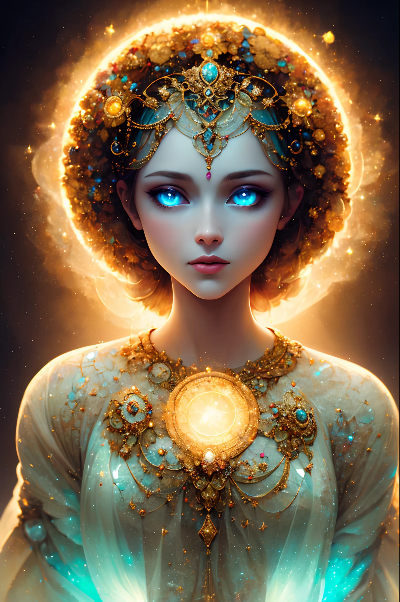 ((best quality)), ((masterpiece)), ((realistic)), portrait,
1girl, celestial, deity, goddess, light particles, halo, looking at viewer,
(bioluminescent:0.95) ocean, bioluminescent, vibrant, colourful, color, (glowing, glow),
(beautiful composition), cinematic lighting, intricate, (symmetrical:0.5), whimsical,