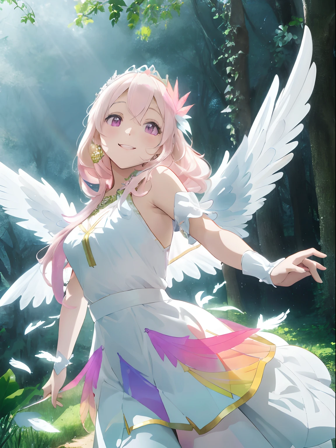 colorful flower々Forest in full bloom,White Luxurious Garden Palace (White Luxurious Garden Palace) (White Luxurious Garden Palace (White Luxurious Garden Palace)) palatial palace (White Luxurious Garden Palace (White Luxurious Garden Palace)))),Fluffy pale golden hair,Eyes pale yellow-green,Luxurious and voluminous white dress, The hem of the dress is long enough to reach the ground,coloured butterflies々Jumping around(Pale pink or yellow, Light purple and light blue),There is a sense of transparency on the back,、Large feathers that shine in rainbow colors(wingspan),Shawl made of translucent material on the shoulders,AHE Face,red tide,Pleasant look,Smile on his face,Dance happily in the forest,Graceful dance,ballet,The tree々Soft light shining through the gaps in the leaves,Angel Light Ladder,
