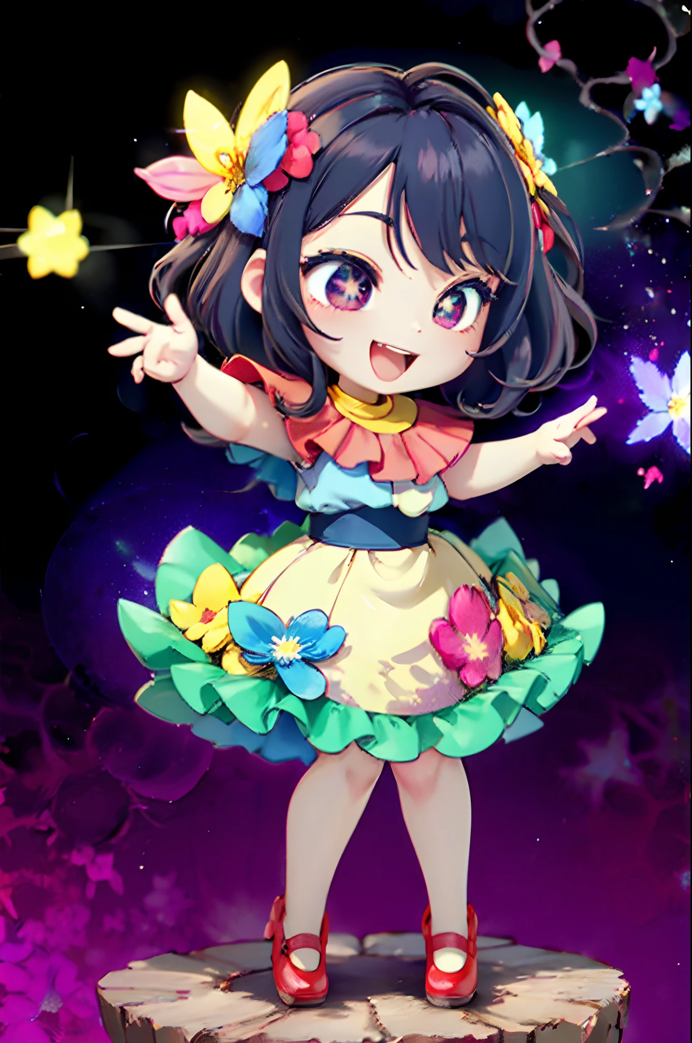 Extremely detailed,(Fractal Art:1.1),(Colorful:1.1)(Flowers:1.3)、 (Dynamic Pose), (Abstract background:1.3)、(Many colors:1.4)、Place one small doll on a circular stand、kawaii pose、A smile、A dark-haired、Chibi Doll、Stars in the eyes（kirakira）、Singing with microphone in hand、Eye Up、Laugh、Cute red shoes、Ultra Detail, radiant light、bio luminescent、Stronger bokeh effect