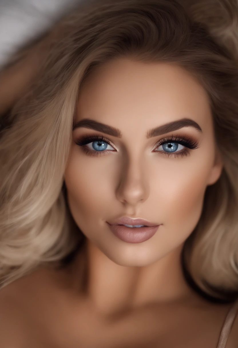 Arafed Volle Frau, Sexy girl with blue eyes, , ultra realistisch, Akribisch detailliert, Portrait of Sophie Mudd, blonde hair and large eyes, Selfie einer jungen Frau, Augen im Schlafzimmer, Violet Myers, kein Make-up, Natural makeup, Blick direkt in die Kamera, dezentes Make-up, Impressive photo of the whole body, im Schlafzimmer, very huge breasts, so dass das Gesicht klar zu sehen ist