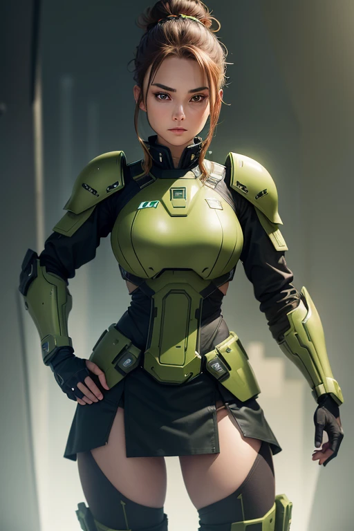 A beautiful, young, SciFi soldier woman, with brown hair in a bun,wearing futuristic green and black combat armour and an armour skirt that prrotect the entire body, standing, serious expression.