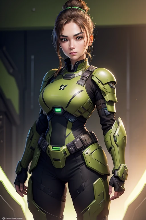 A beautiful, young, SciFi soldier woman, with brown hair in a bun,wearing futuristic green and black combat armour and an armour skirt that prrotect the entire body, standing, serious expression.