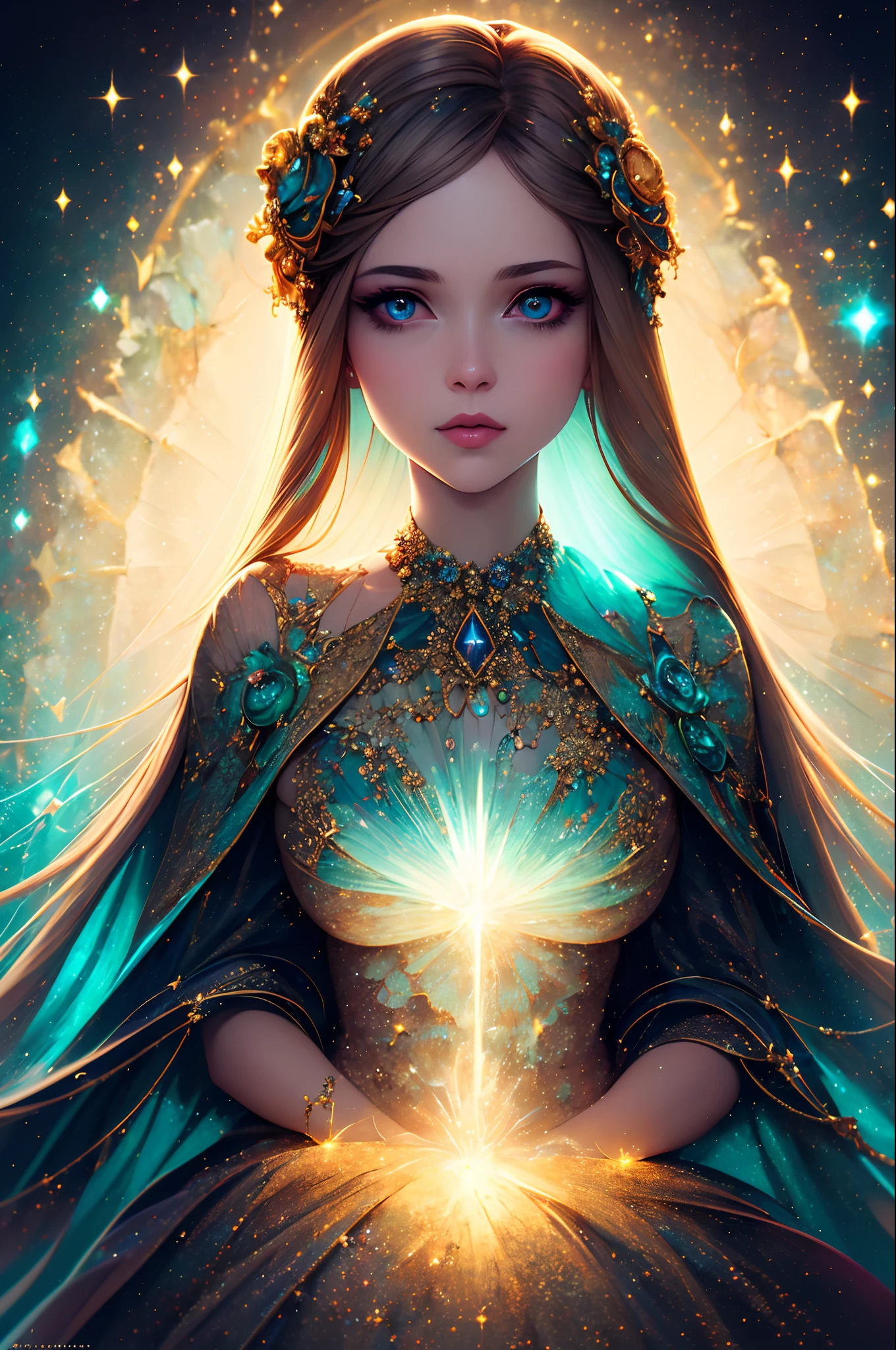 ((best quality)), ((masterpiece)), ((realistic)), portrait,
1girl, celestial, deity, goddess, light particles, halo, looking at viewer,
(bioluminescent:0.95) ocean, bioluminescent, vibrant, colourful, color, (glowing, glow),
(beautiful composition), cinematic lighting, intricate, (symmetrical:0.5), whimsical,