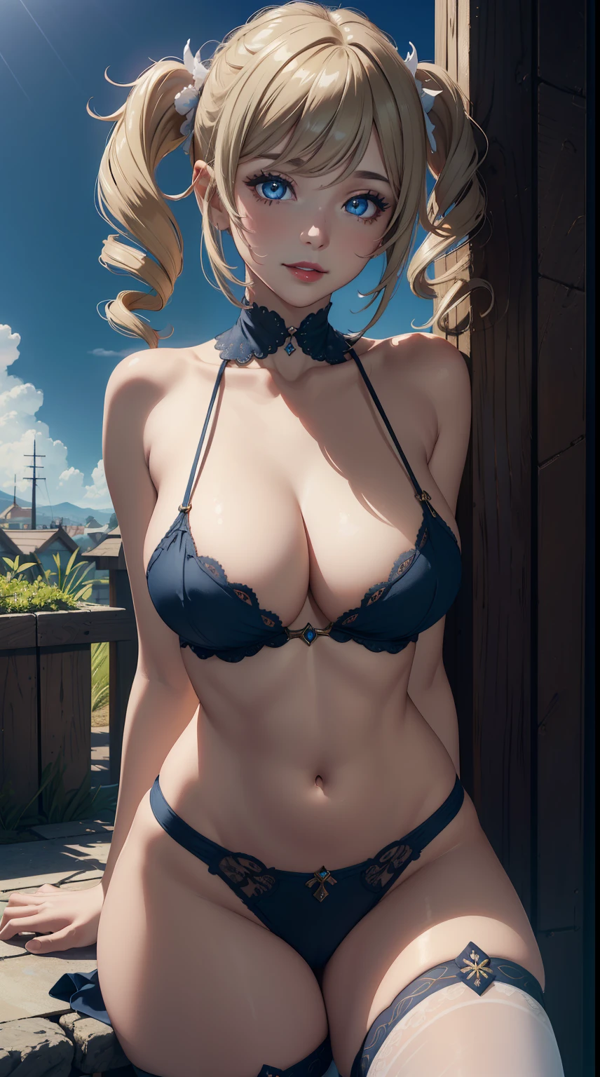 ((masterpiece)),(bestquality),((ultra-detailed)), ((beautiful detailed sky)), ((cinematic lighting)), depth of field, (dynamic angle),detailed lighting,(beautiful detailed eyes),outdoors, red lip, smile,navel, eyeshadow,large breast, sexy, cleavage, barbaradef