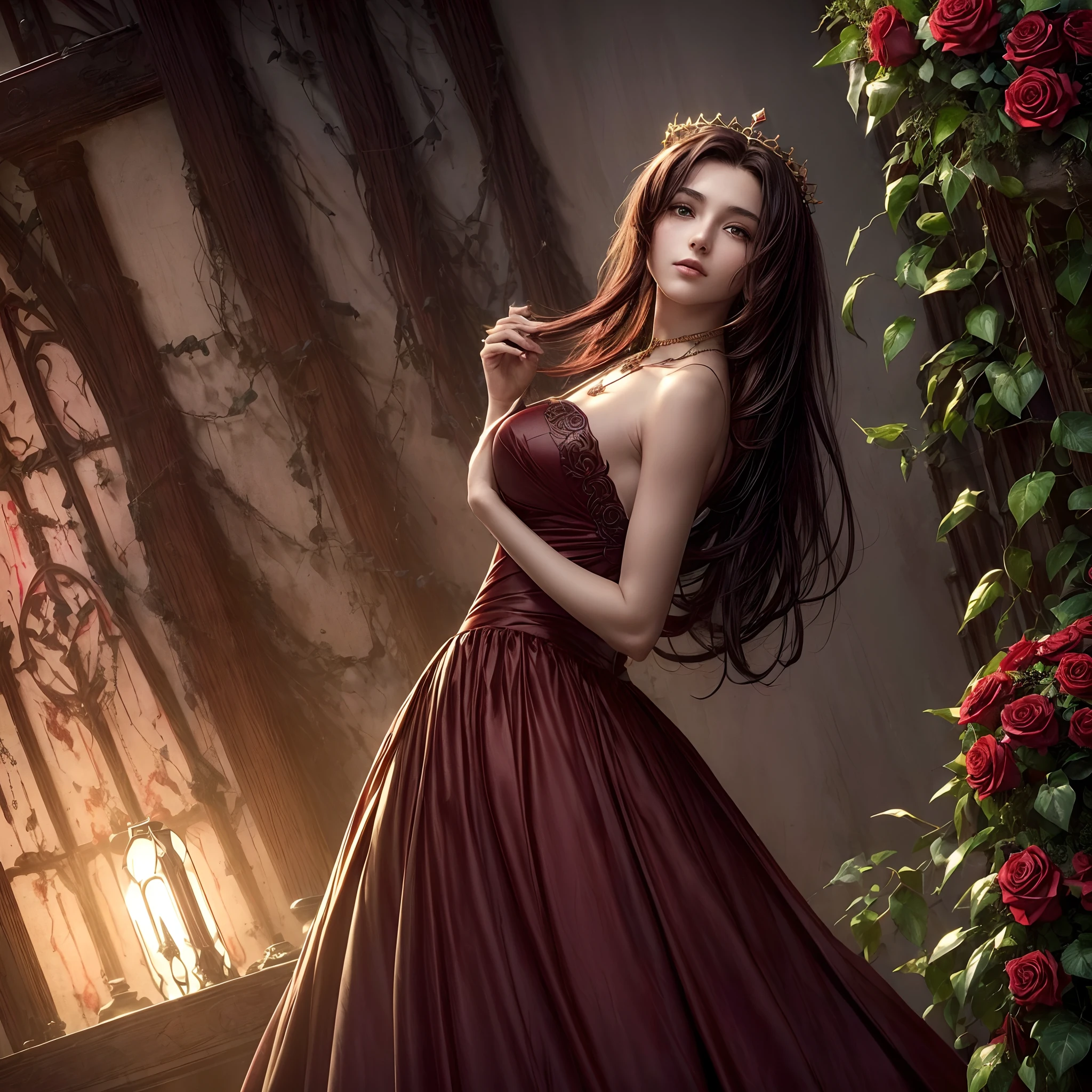 (a Young Queen,Dark red dress,Crimson gemstone necklace,A deep golden crown of thorns,Side view shooting:1.2),(Eden, Delicate roses in the background,Sunlight greenhouse,Glass skylight,A patchwork of flower stands,Different varieties of greenhouse plants) (8K HDR 0.8) (Cinematic lighting 0.9) (Ultra-detailed and complex element 1.1) (Vivid blue tones, Orange, and Ebony 1.1) (Affectionate Emotions 1.2)(Broken Memories 1.2) (Blood Rose Thorn 1.2),