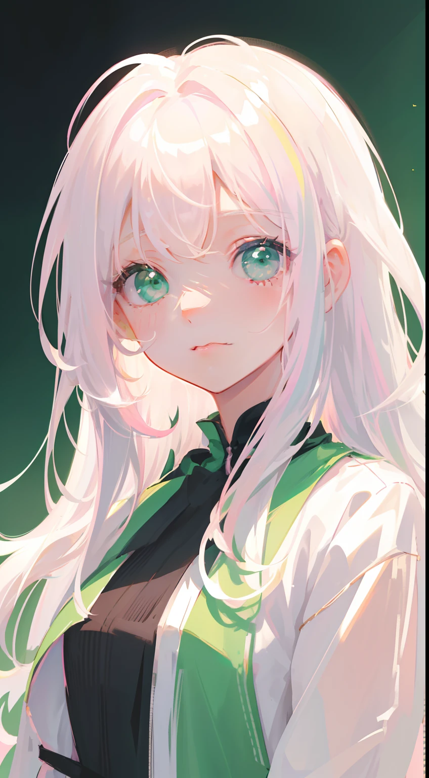 (drawing sketch), girl, close-up, (light skin), green eyes, (closed bangs on one eye: 1,2), (pink cheeks), (cute), small smile, (white hair: 1, 3), (medium hair), (green gradient hair), (gradient loose hair: 1,3), (black dress), (white background),