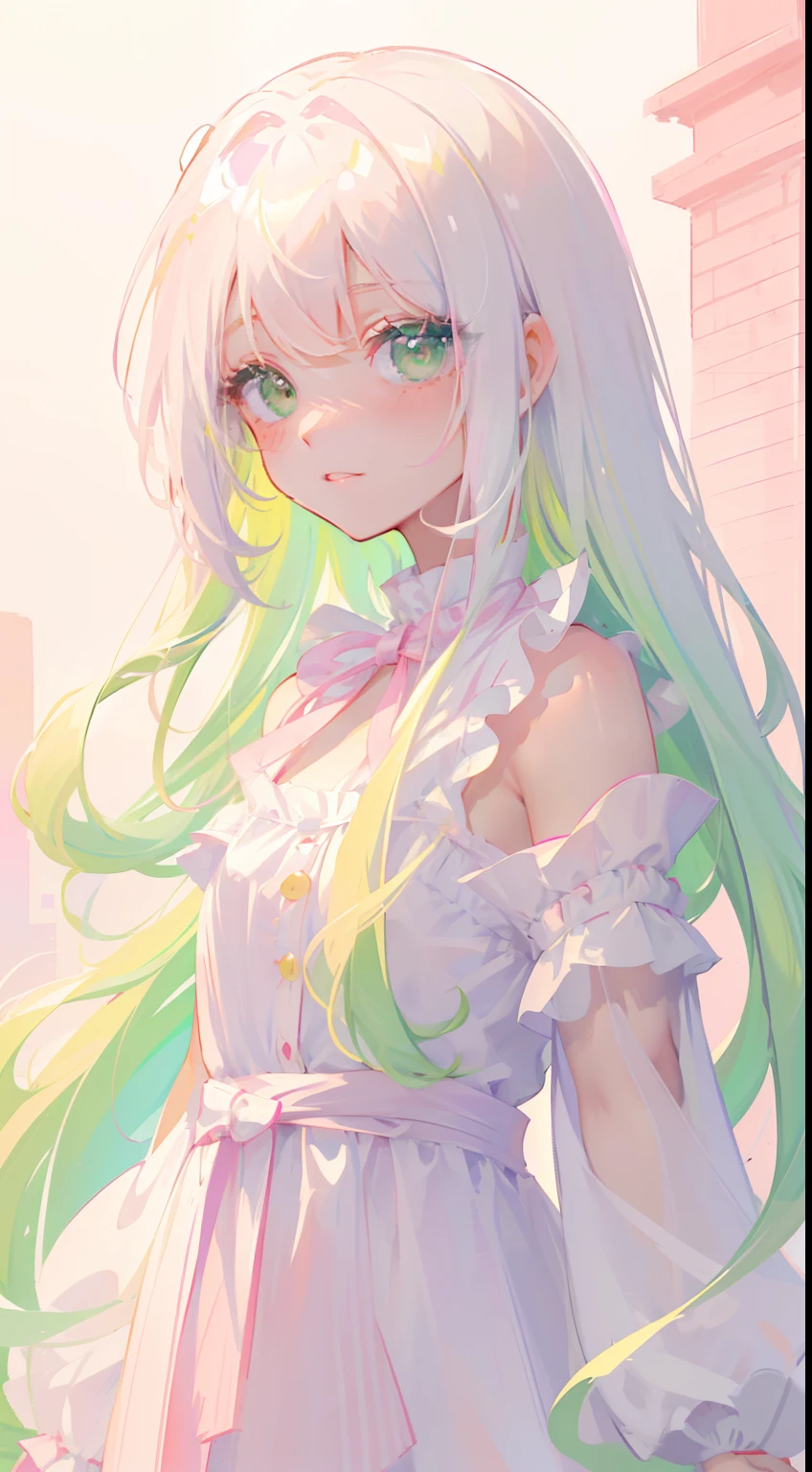 (drawing sketch), girl, close-up, (light skin), green eyes, (closed bangs on one eye: 1,2), (pink cheeks), (cute), small smile, (white hair: 1, 3), (medium hair), (green gradient hair), (gradient loose hair: 1,3), (black dress), (white background),