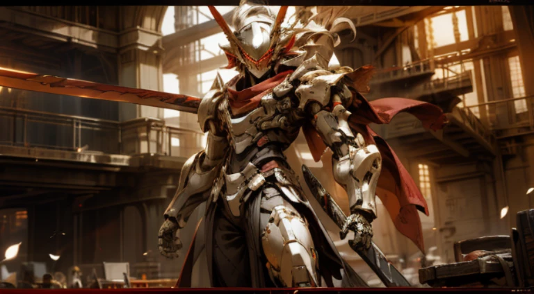 A beautiful game CG with the Doomsday theme armor as the main body, super detail, this is a light black and light white complex structure of the mecha, the mech holds a red glowing wide heavy armor sword, Exudes fiery red light: 1.2, eyes emit dazzling red light: 0.8, 3D two-dimensional drawing, tattered red scarf swaying in the wind, anime drawing, chiaroscuro, light effects, mecha detailed and exquisite, mecha face delicate and clear, light source on the eyes, broken mechanical battlefield burning in the background, battle posture drawing, background fire flow, flow special effects, OWgenji