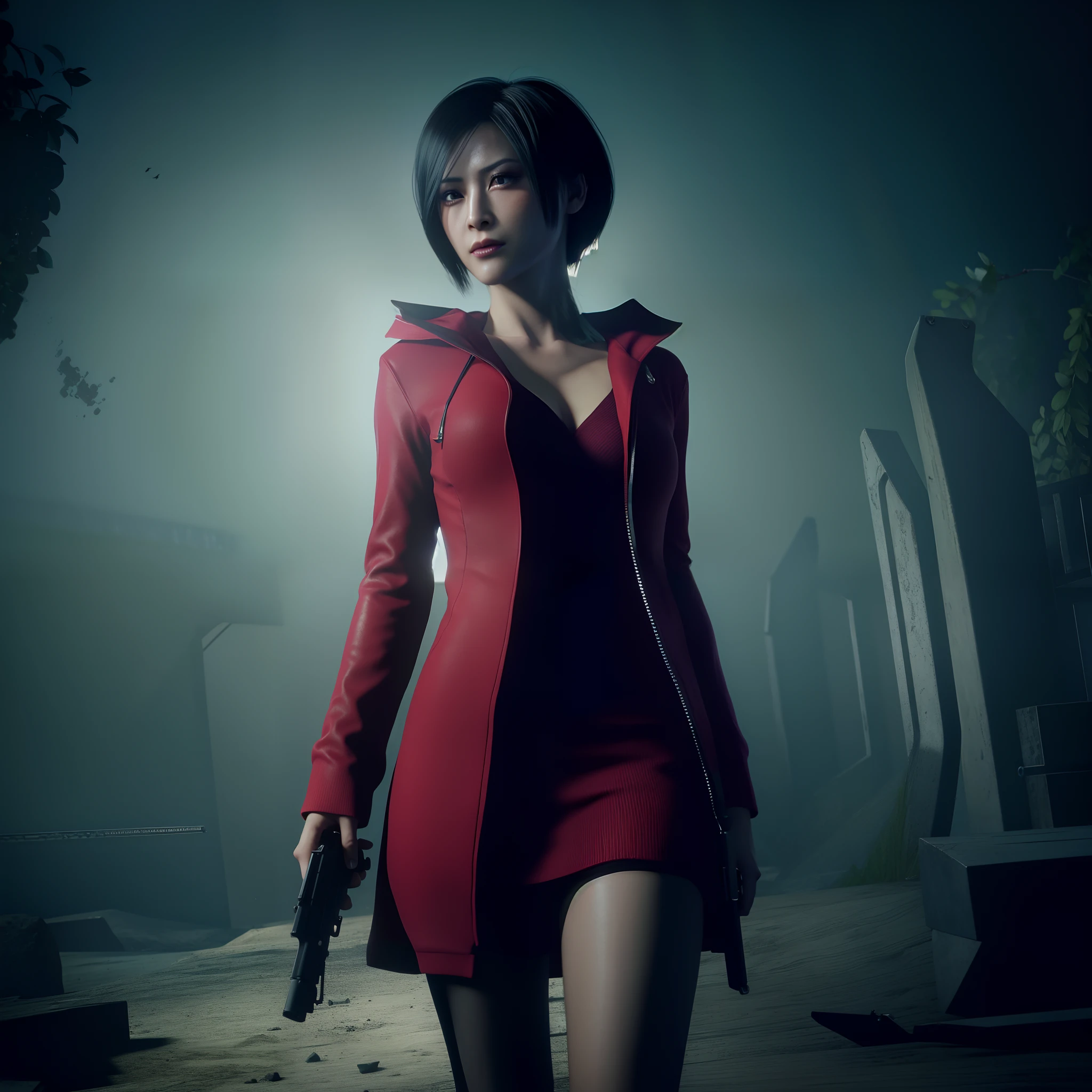 Ada wong, beautiful face, bob hair, perfect Face, wearing mini red rose dress hoody, black nail polish, glare expression, holding a gun