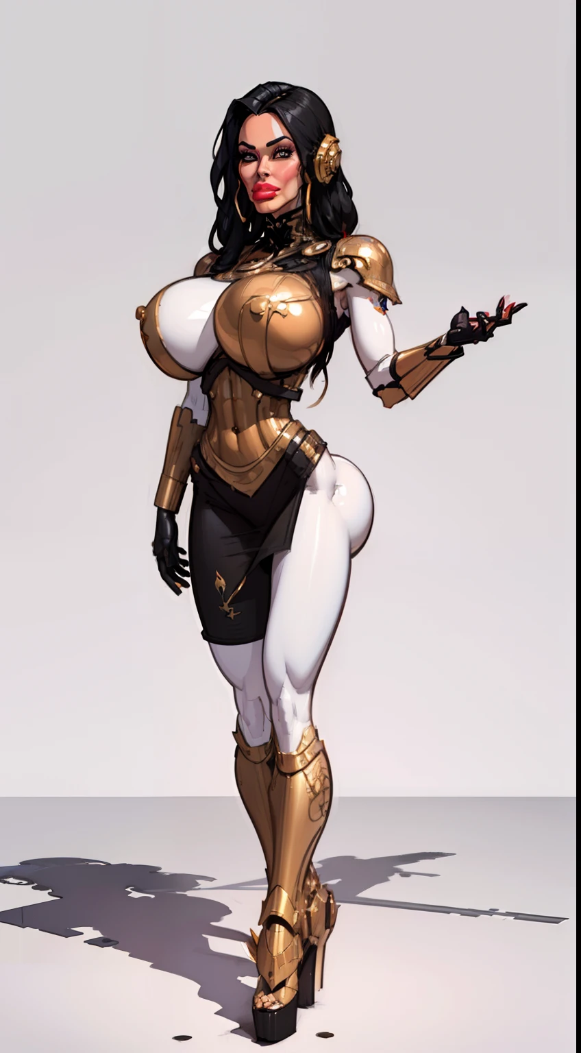 ((masterpiece)),(((best quality))),((character design sheet)), ((full body view)) ((cyberpunk empress)) mature face, ((middle eastern eyes:1.4)), ((cybernetic gown)), (((intricate futuristic breastplate))), defined cheekbones, high cheekbones, illustration, muscular, ((cyber gold:1.4)), sexy bimbo, (gigantic breasts:1.7) black hair, ((detailed face:1.4)) beautiful woman, (Chinese:1.4) (white skin:1.4) , (red lipstick:1.4), shiny skin, scribbles and marks,(puffy lips:1.4) , rough sketches, pose, 8k,16k, (simple background, white background: 1.3) ((warm color palette)), ((cyberpunk aesthetic)), (((scattered shadows)))