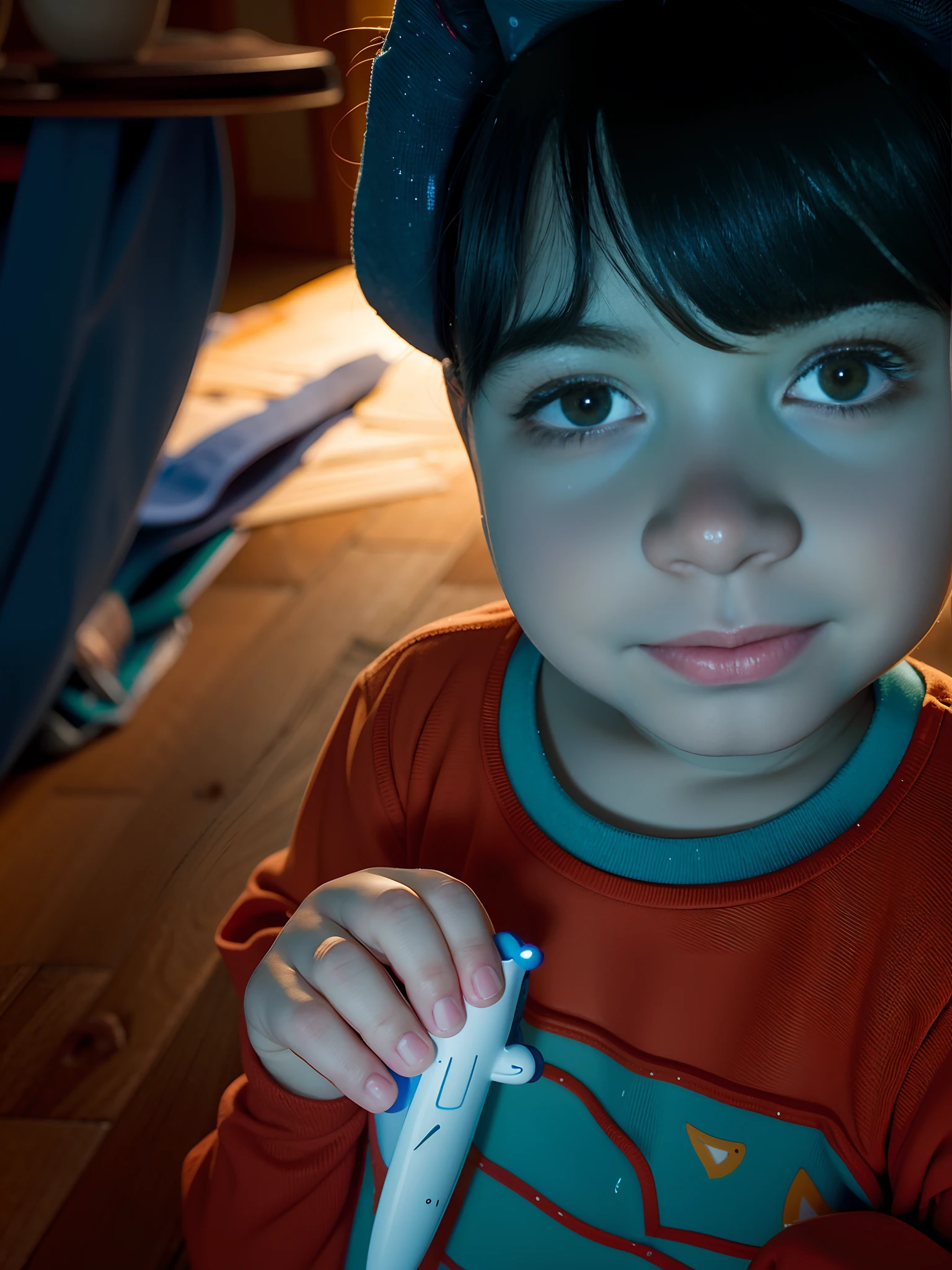 Retrato inspirado em pixar Disney um nemino de 3 anos olhos castanho camisa azul