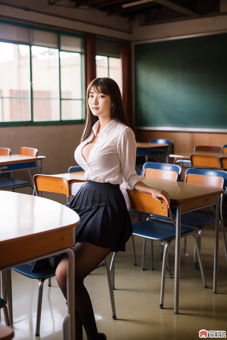 A high school teacher with super long legs and huge breasts sitting on a chair in a classroom seen from below