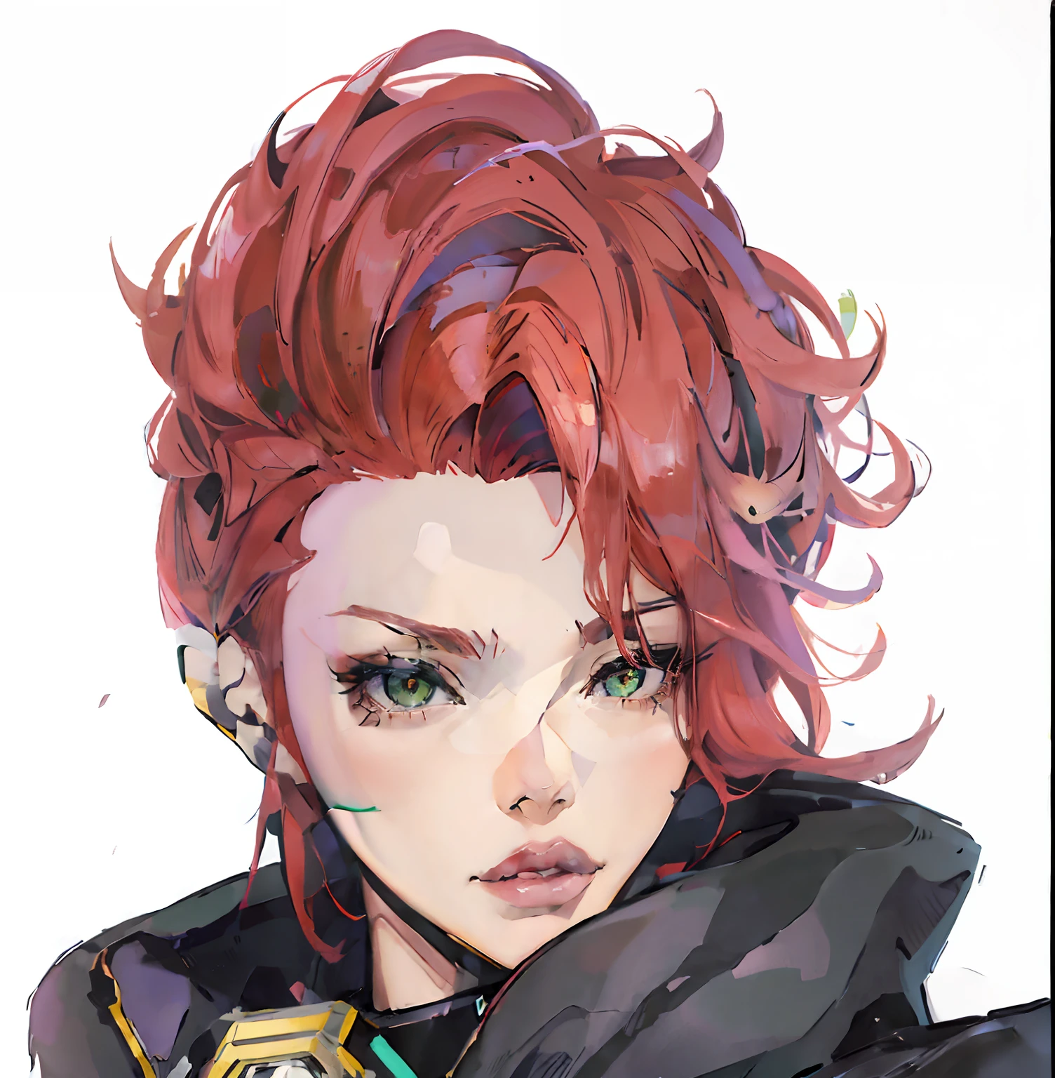 Anime - a style image of a woman with red hair and green eyes, 《Overwatch》Moira, made with anime painter studio, drawn in anime painter studio, Anime style portrait, concept headshot art, 《Overwatch》Brigitte, anime character portrait, Art Style WLOP, Redhead female cyberpunk,