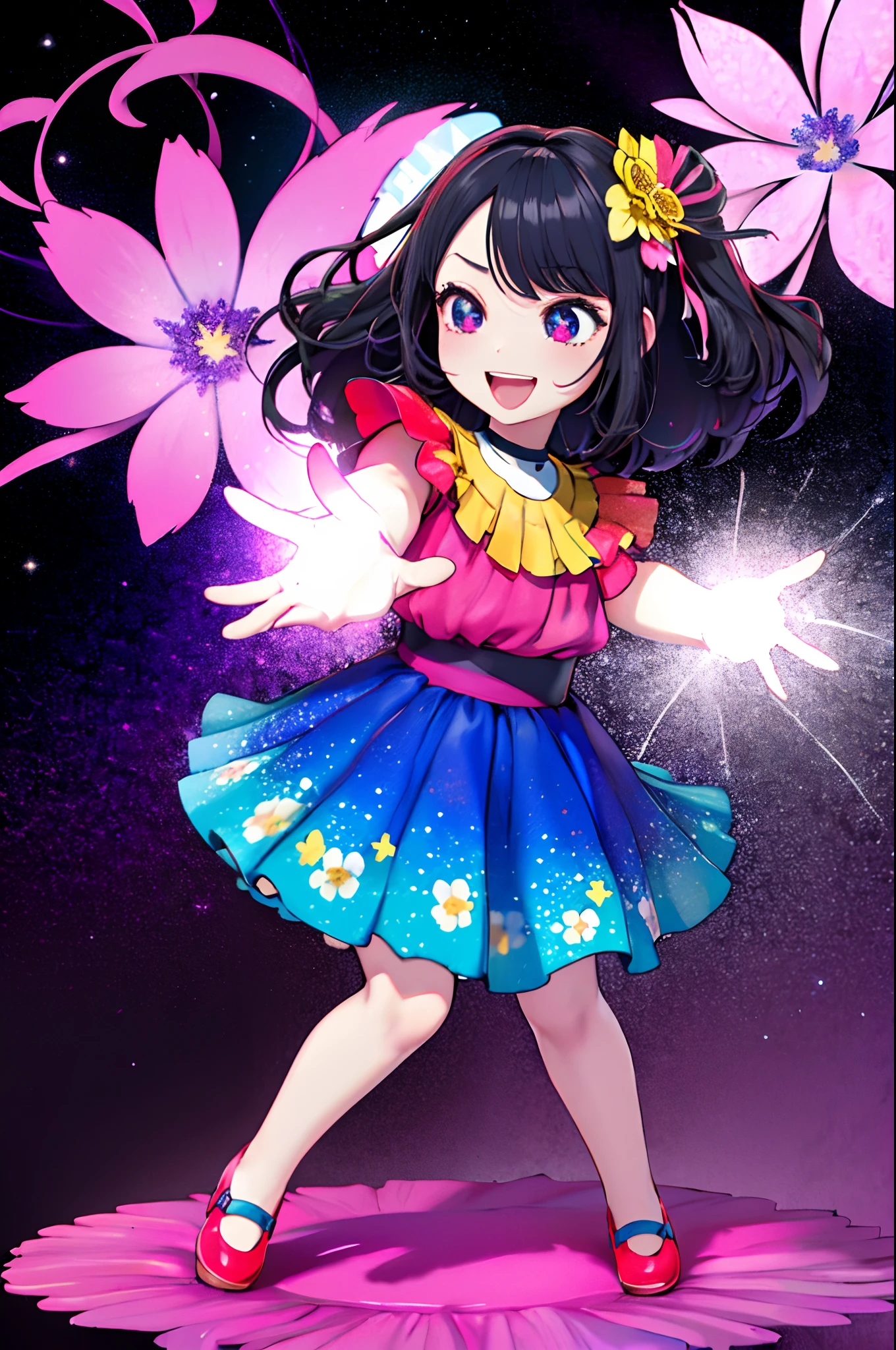 Extremely detailed,(Fractal Art:1.1),(Colorful:1.1)(Flowers:1.3)、 (Dynamic Pose), (Abstract background:1.3)、(Many colors:1.4)、Place one small doll on a circular stand、kawaii pose、A smile、A dark-haired、Chibi Doll、Stars in the eyes(kirakira)、Singing with microphone in hand、Eye Up、Laugh、Cute red shoes、Ultra Detail, radiant light、bio luminescent、Stronger bokeh effect