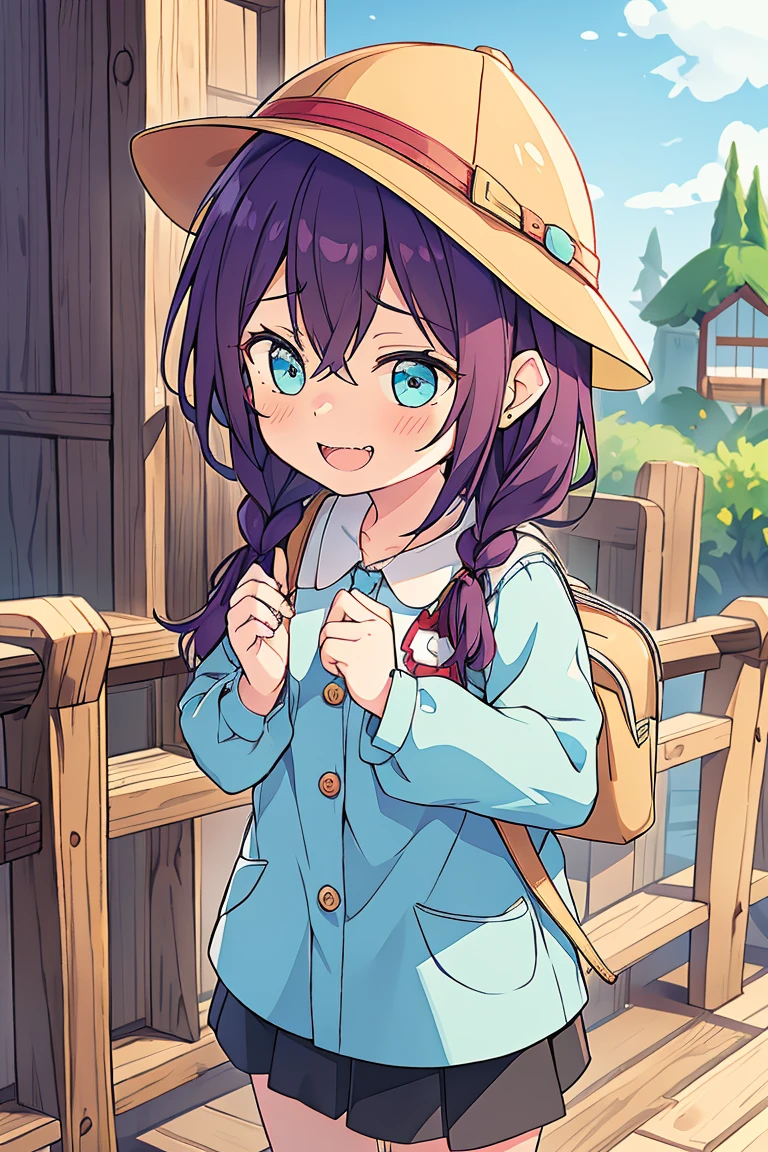 long hair, mole under mouth, purple hair, single braid, hair between eyes, aqua eyes, sharp teeth, blush, smile, cowboy shot, 1girl, (kindergarten_uniform:1.2), yellow_hat,red_bag,black_skirt,loli, little girl, petite