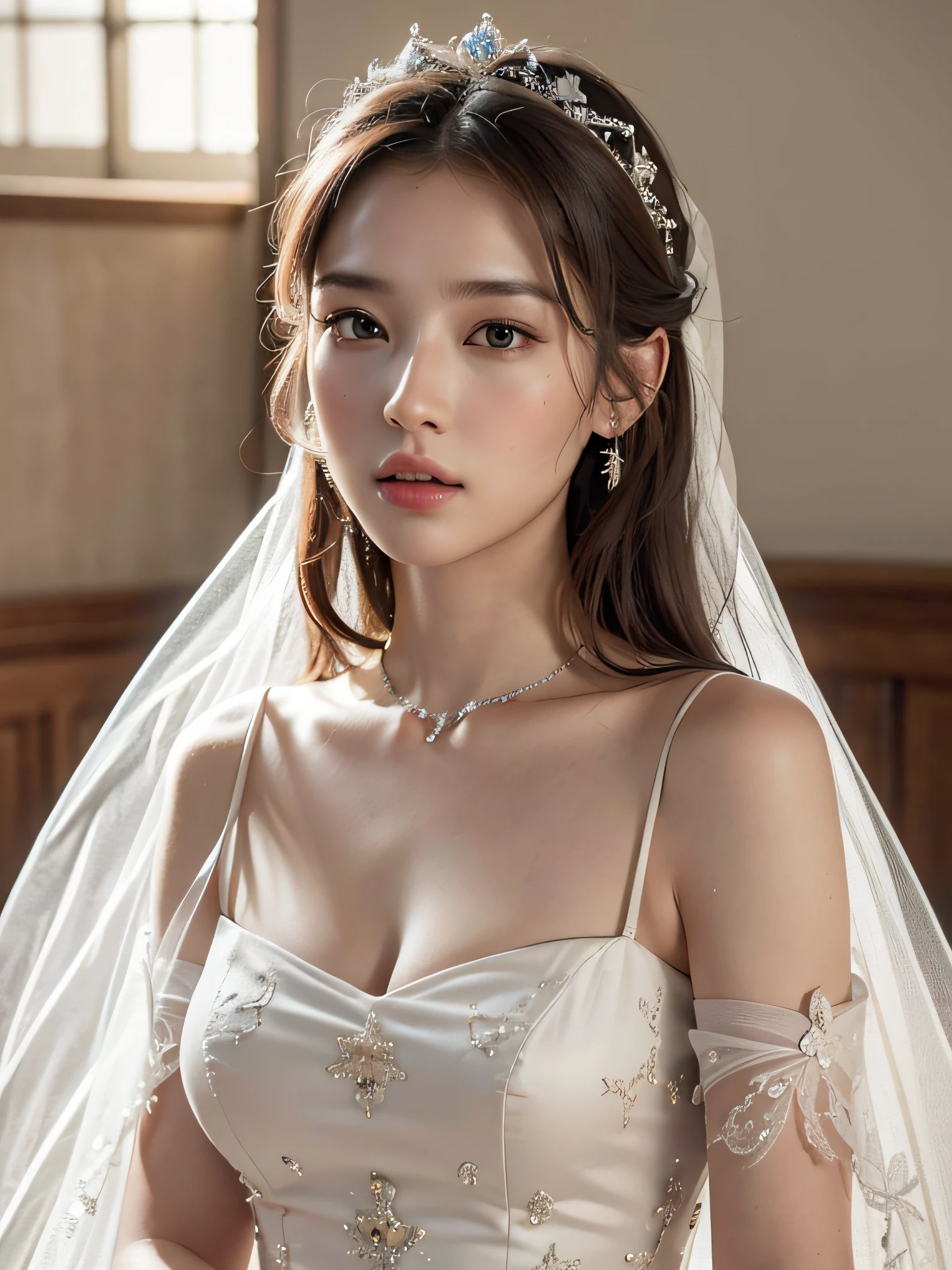 ((Top best Quality,8K,The Masterpiece:1.3)),focal point:1.2,Cute girl one,Perfect beauty:1.4,backside:1.2,(layered hairstyle,beauty breasts:1.1)),(Bandeau wedding dress:1.1),(Bed room:1.3),highly detailed face and skin textures,Detailed eyes,Double eyelid,whitened skin,Delicate lips,The Queen