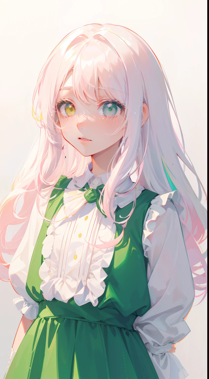 (drawing sketch), girl, close-up, (light skin), green eyes, (closed bangs on one eye: 1,2), (pink cheeks), (cute), small smile, (white hair: 1, 3), (medium hair), (green gradient hair), (gradient loose hair: 1,3), (black dress), (white background),